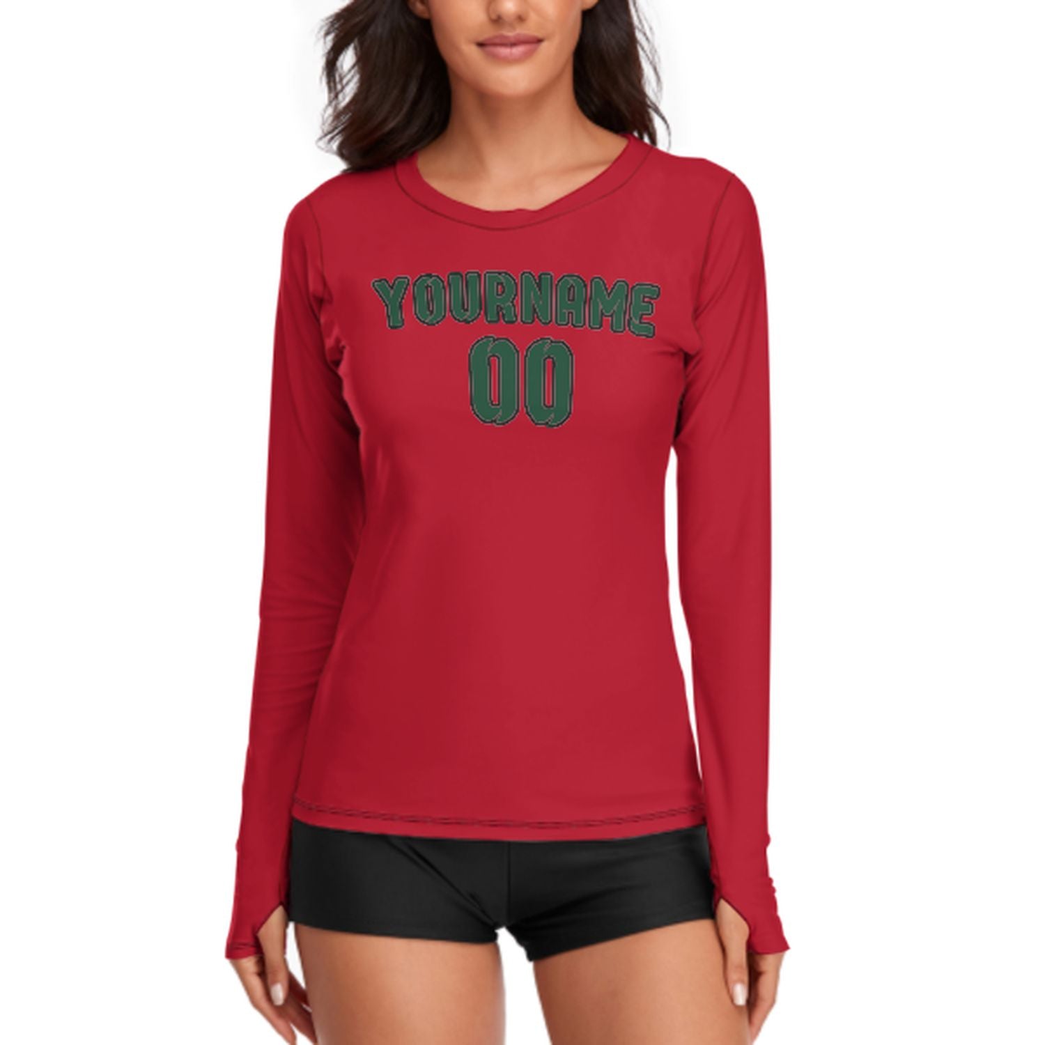 Maßgeschneidertes Rot Moosgrün Damen Langarmshirt