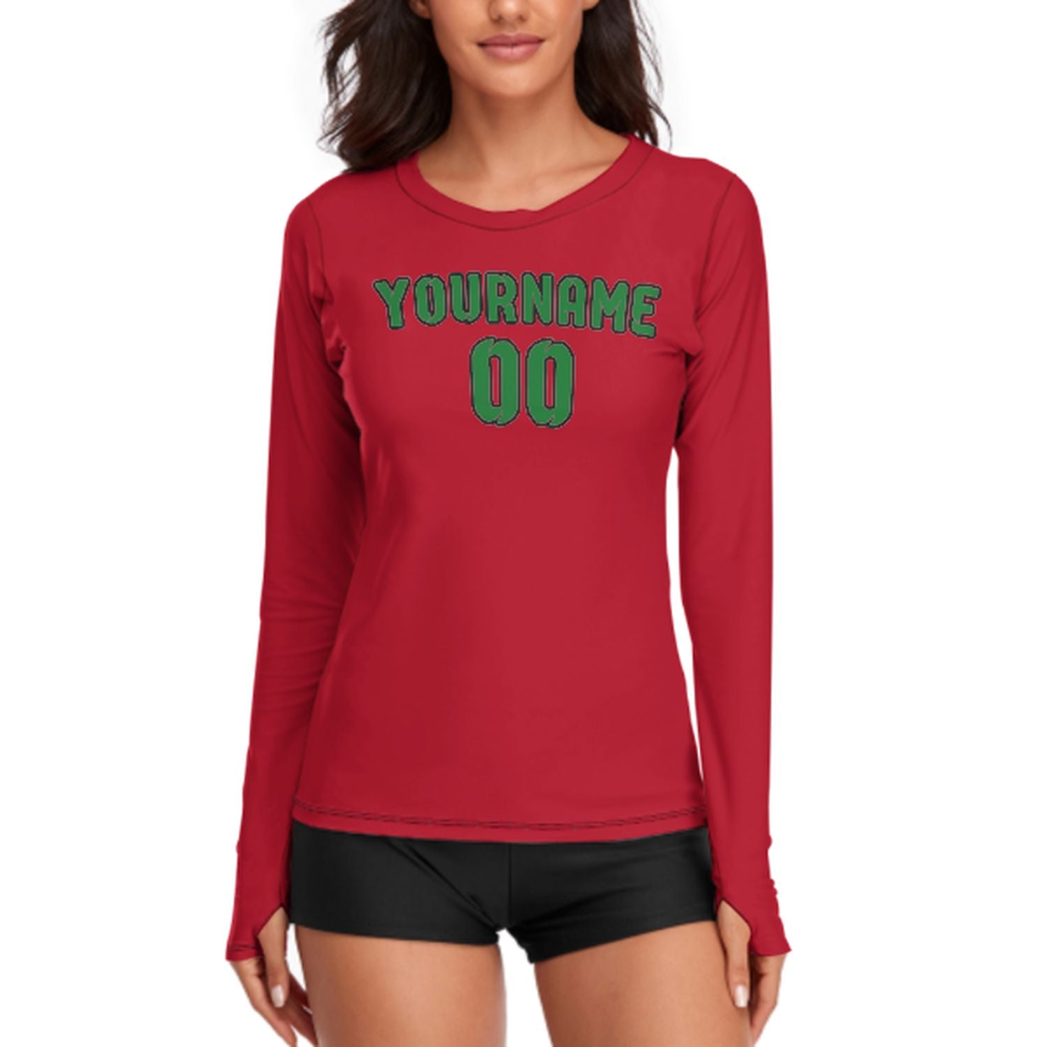 Maßgeschneidertes Rot Smaragdgrün Damen Langarmshirt