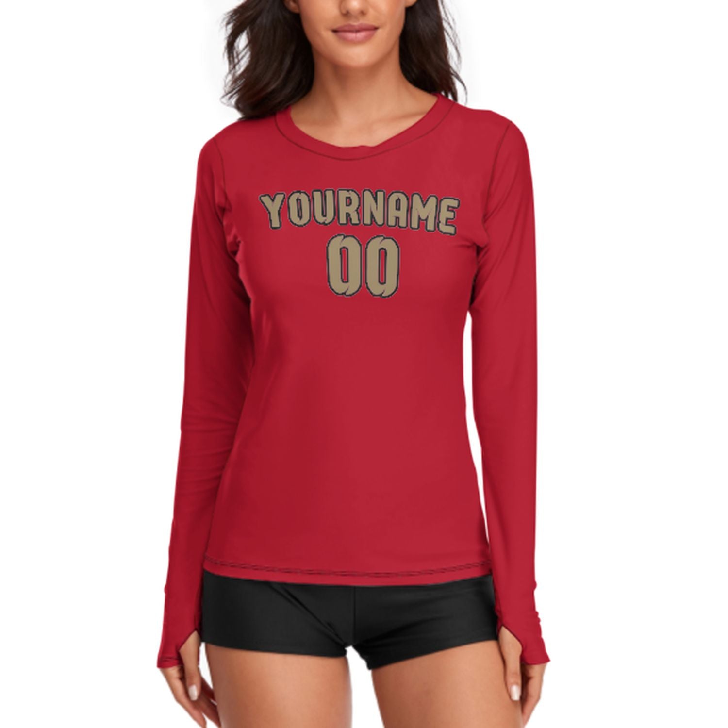 Maßgeschneidertes Rot Hellkhaki Damen Langarmshirt