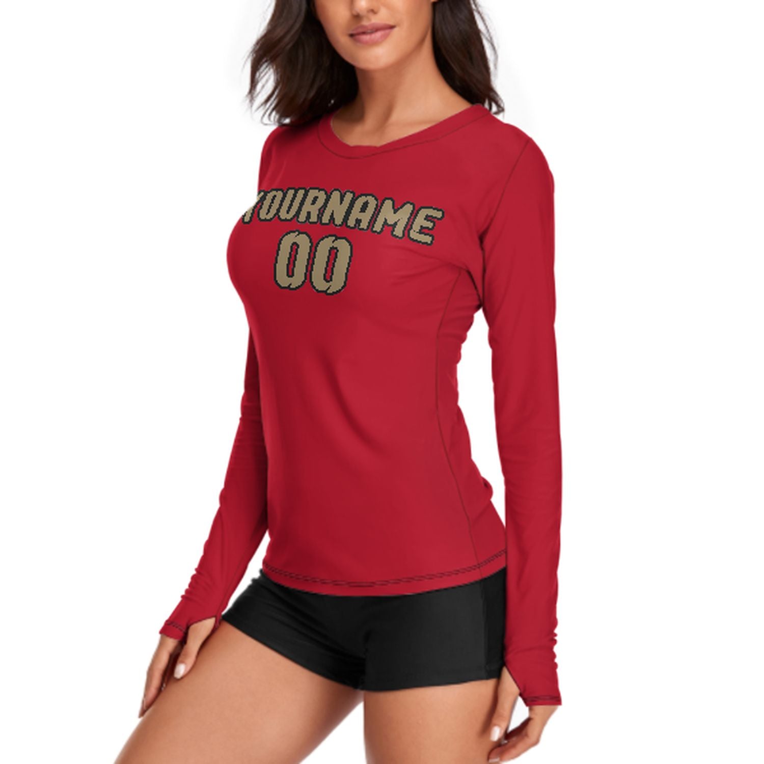 Maßgeschneidertes Rot Hellkhaki Damen Langarmshirt