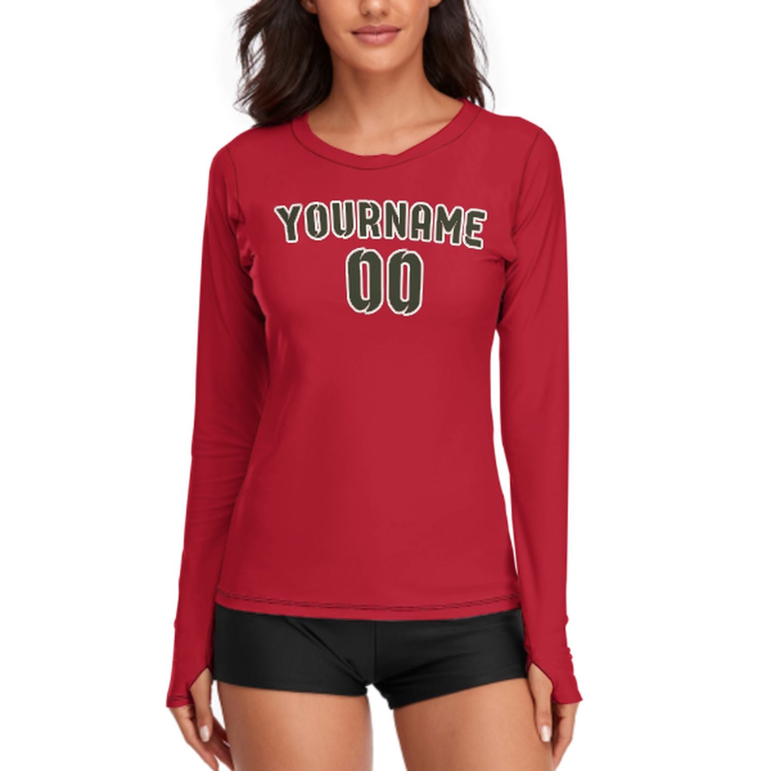 Maßgeschneidertes Rot Dunkles Oliv Damen Langarmshirt