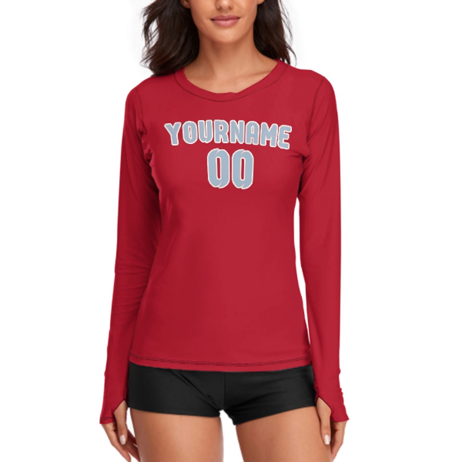 Maßgeschneidertes Rot Hellblau Damen Langarmshirt