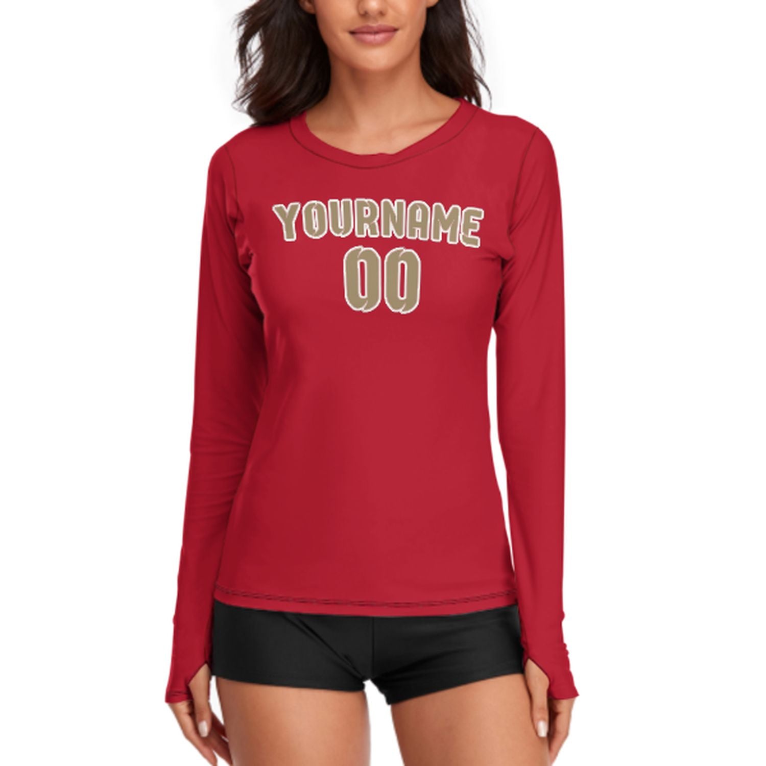 Maßgeschneidertes Rot Hellkhaki Damen Langarmshirt