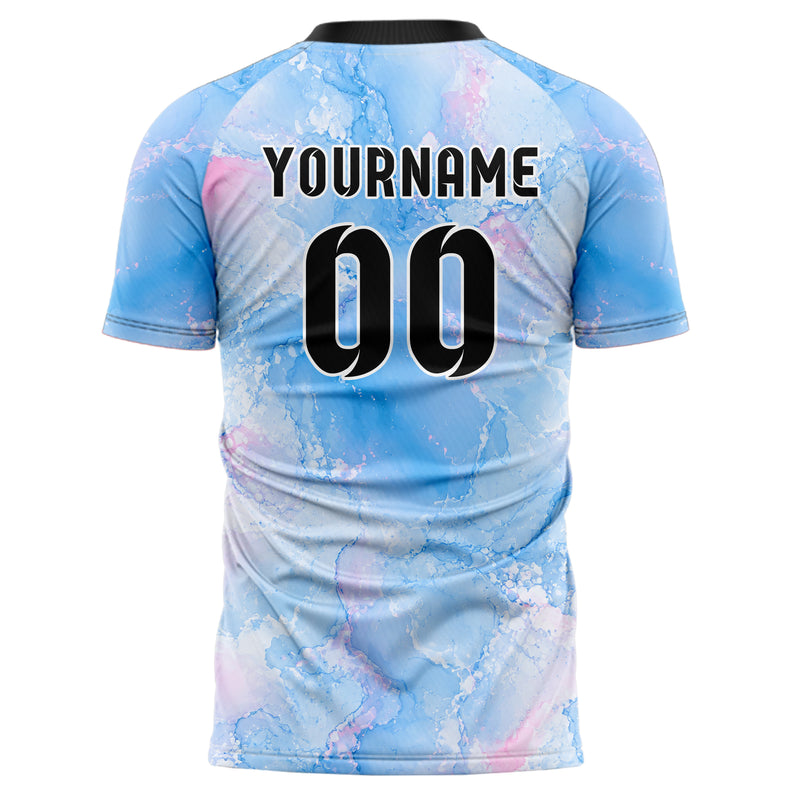 Himmelblau pastelliges Marmor Alcohol Ink Water Design 14-0002 individuelles Fußballtrikot back