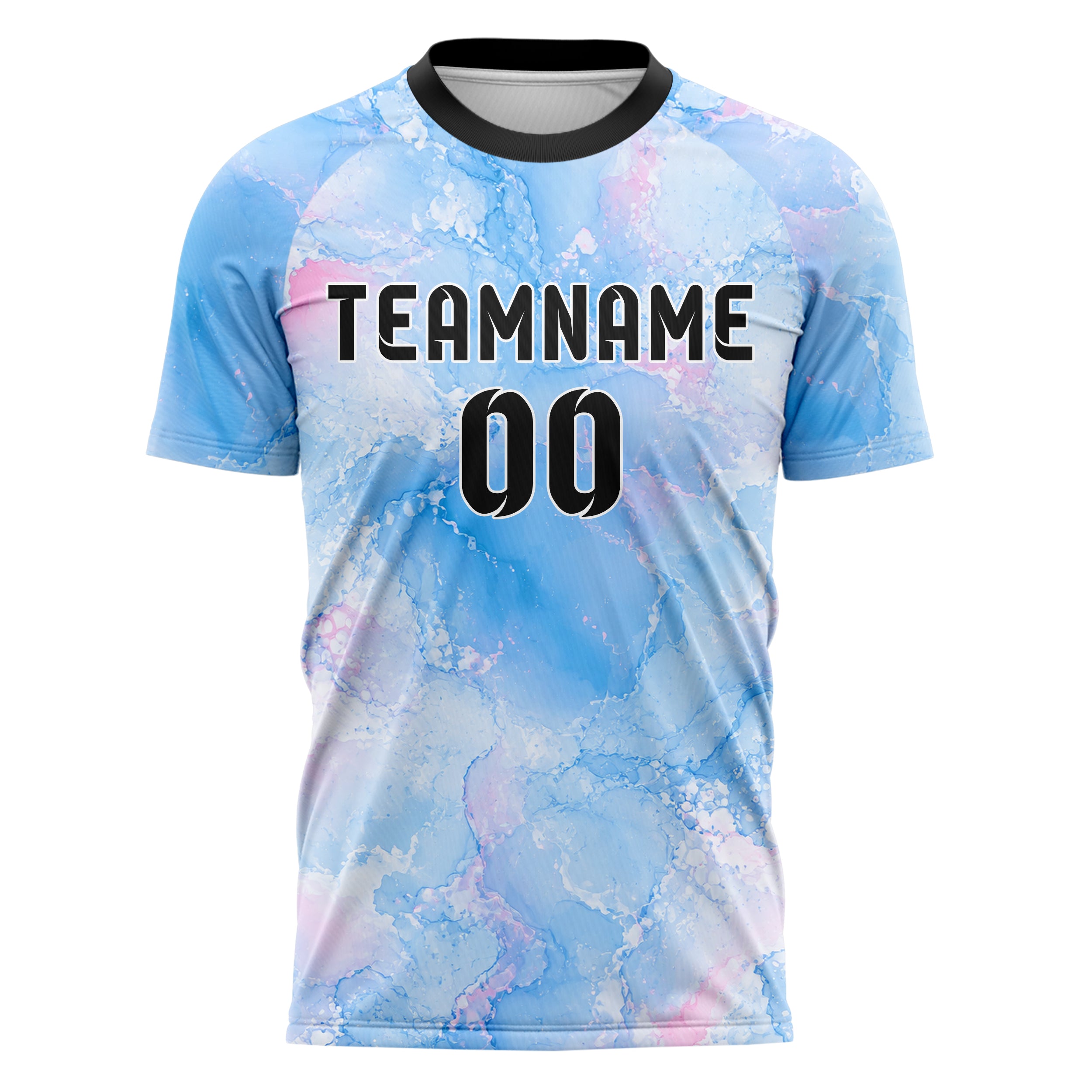 Himmelblau pastelliges Marmor Alcohol Ink Water Design 14-0002 individuelles Fußballtrikot front
