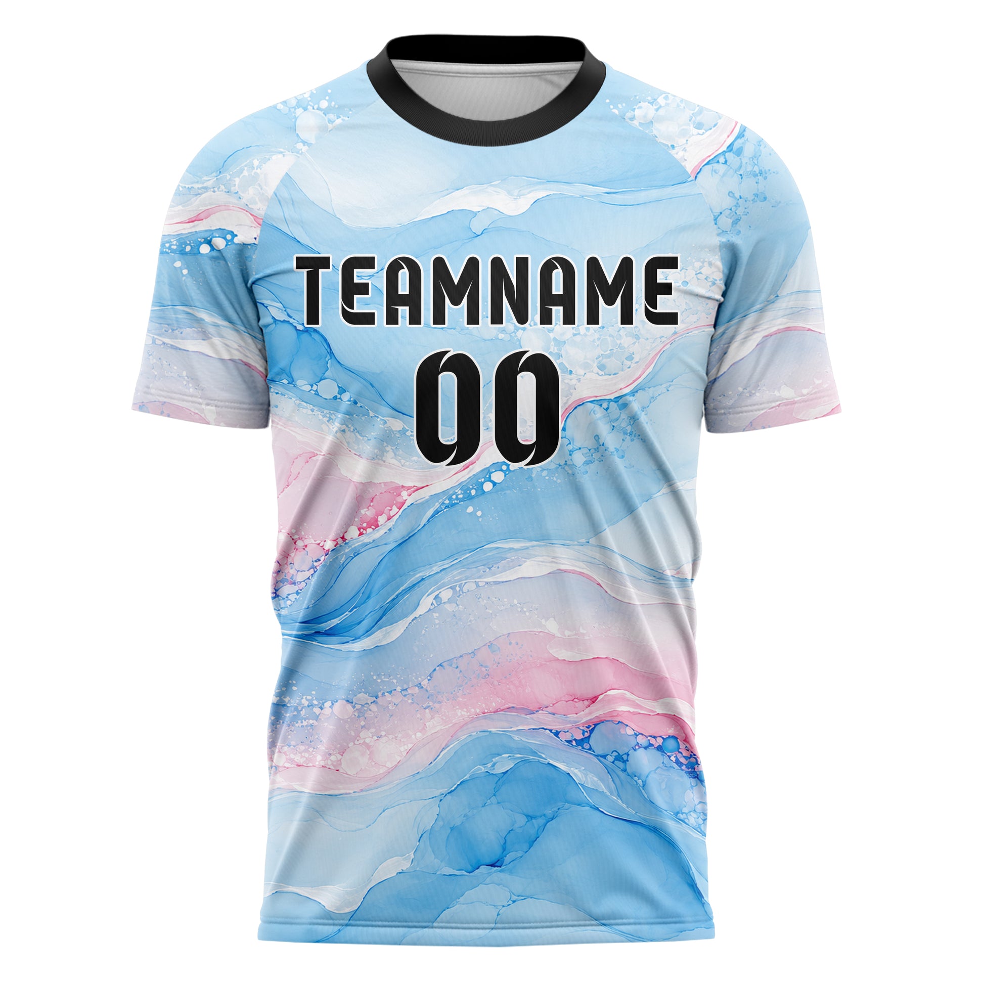 Himmelblau pastelliges Marmor Alcohol Ink Water Design 14-0038 individuelles Fußballtrikot front