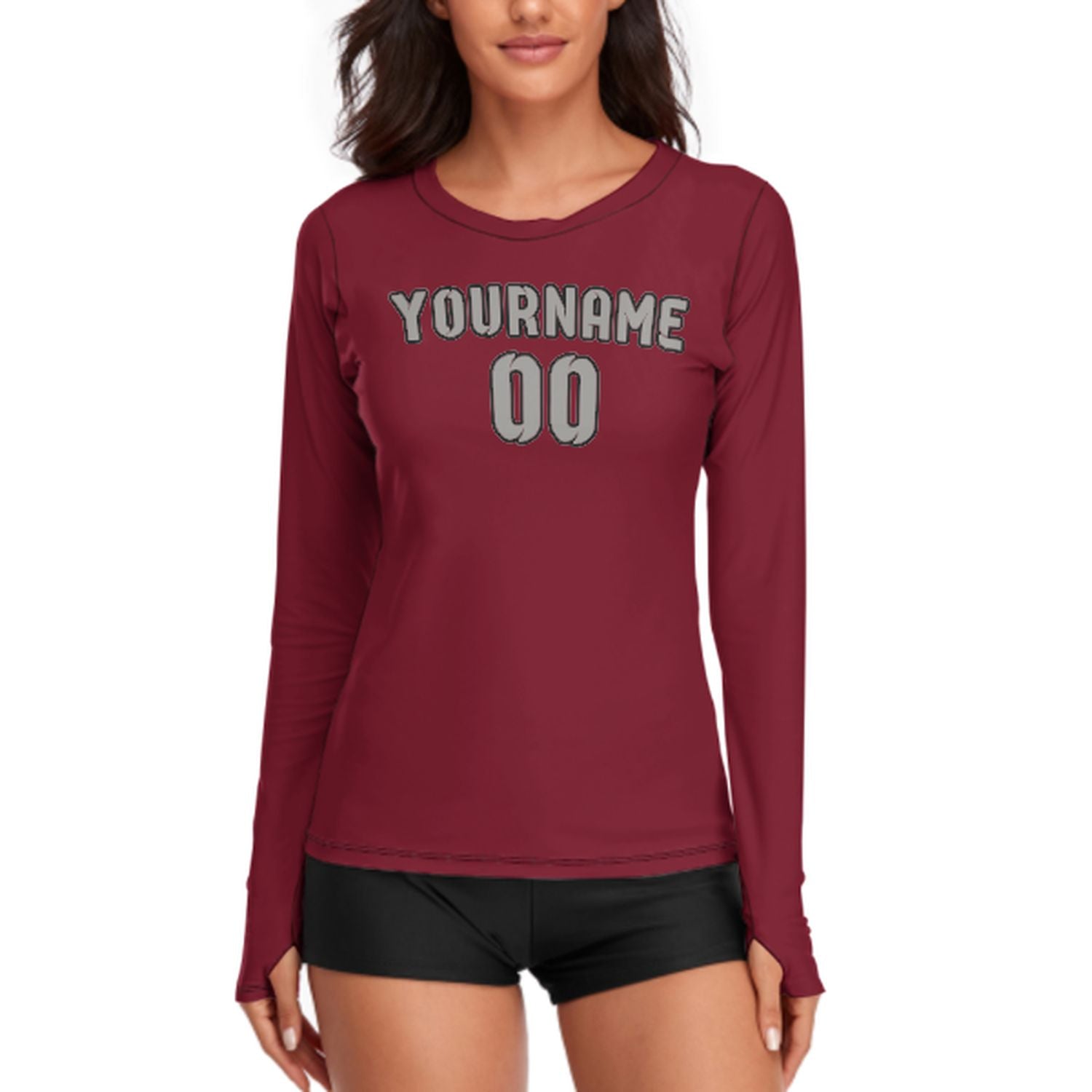 Maßgeschneidertes Karmesinrot Grau Damen Langarmshirt
