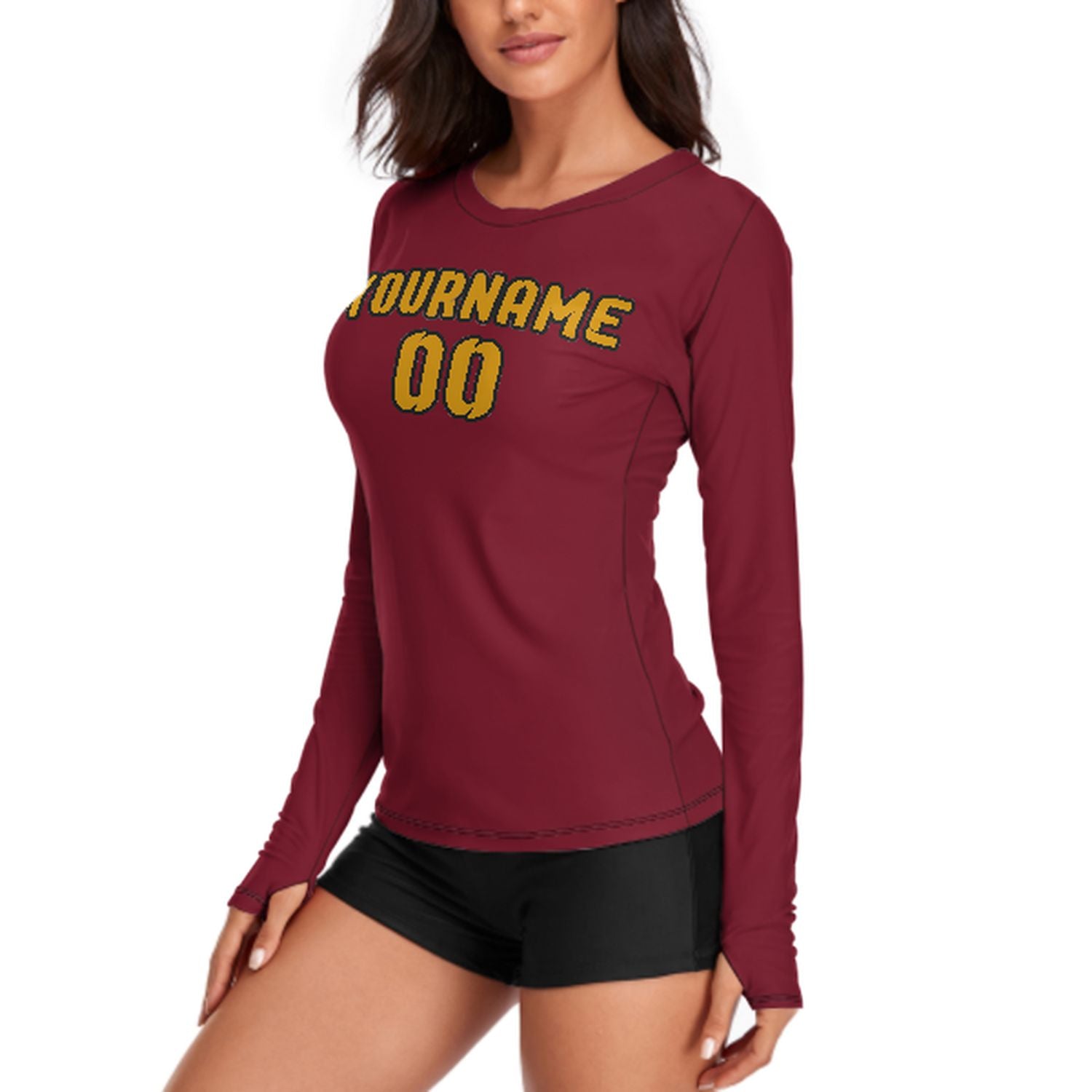 Maßgeschneidertes Karmesinrot Gelb Damen Langarmshirt