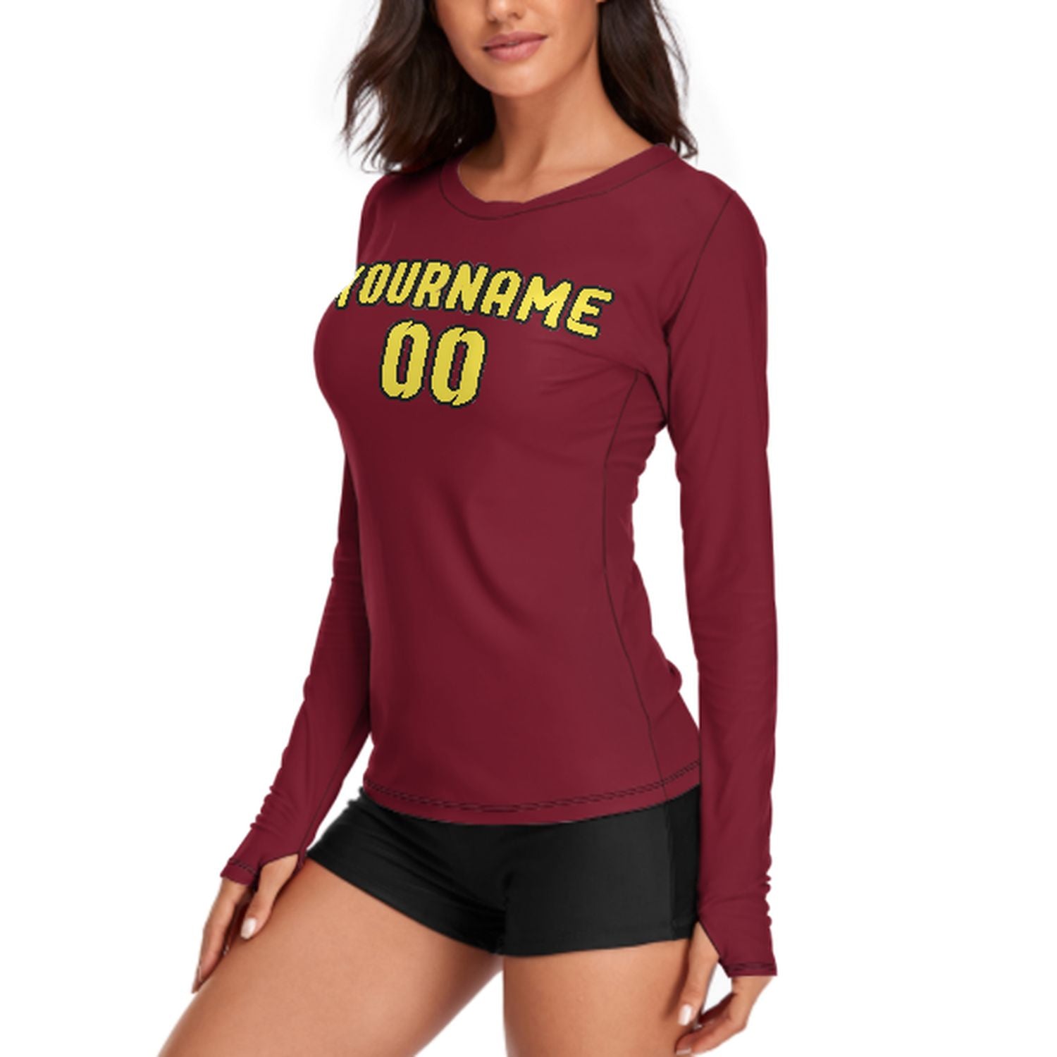 Maßgeschneidertes Karmesinrot Blassgelb Damen Langarmshirt