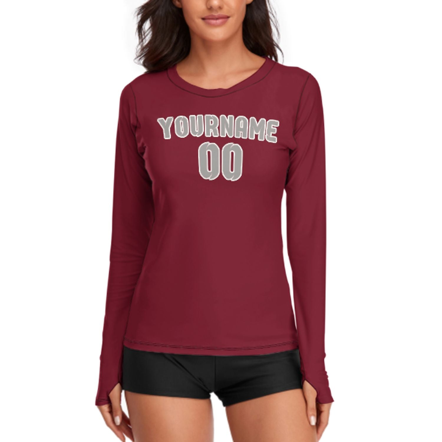 Maßgeschneidertes Karmesinrot Grau Damen Langarmshirt