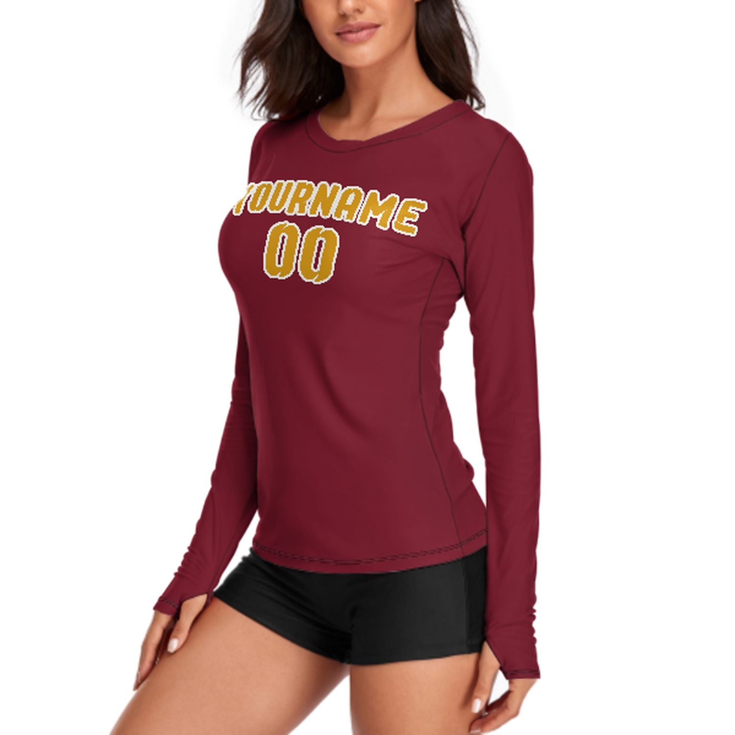 Maßgeschneidertes Karmesinrot Gelb Damen Langarmshirt