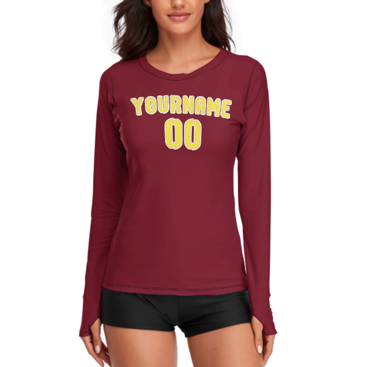Maßgeschneidertes Karmesinrot Blassgelb Damen Langarmshirt