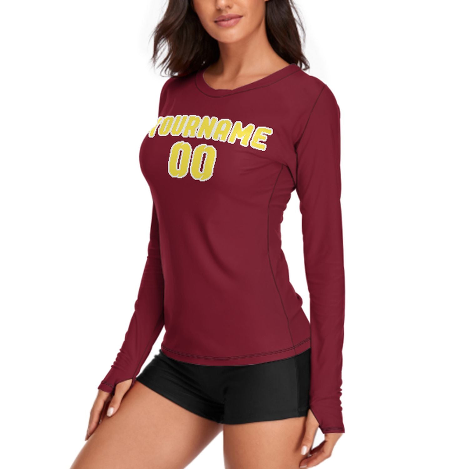 Maßgeschneidertes Karmesinrot Blassgelb Damen Langarmshirt