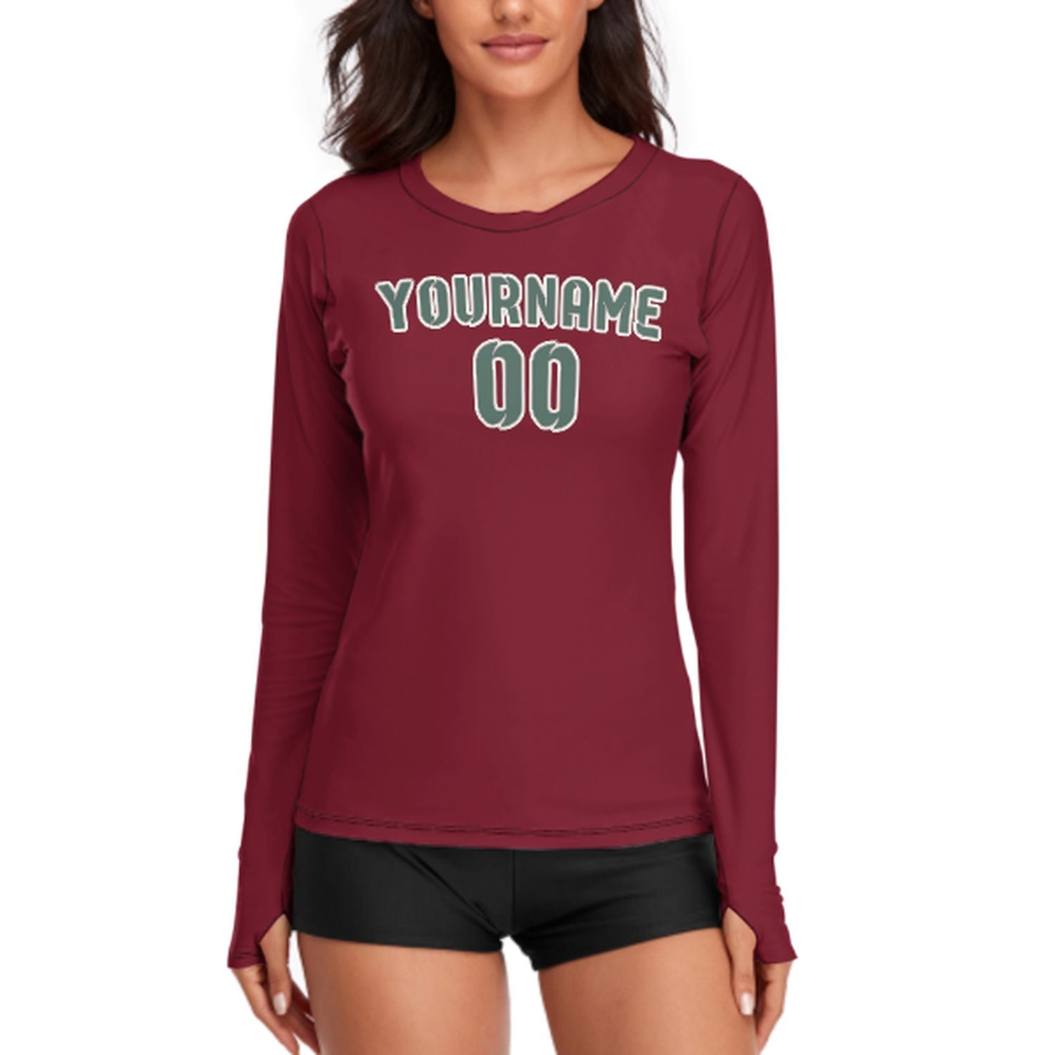Maßgeschneidertes Karmesinrot Blaugrün Damen Langarmshirt
