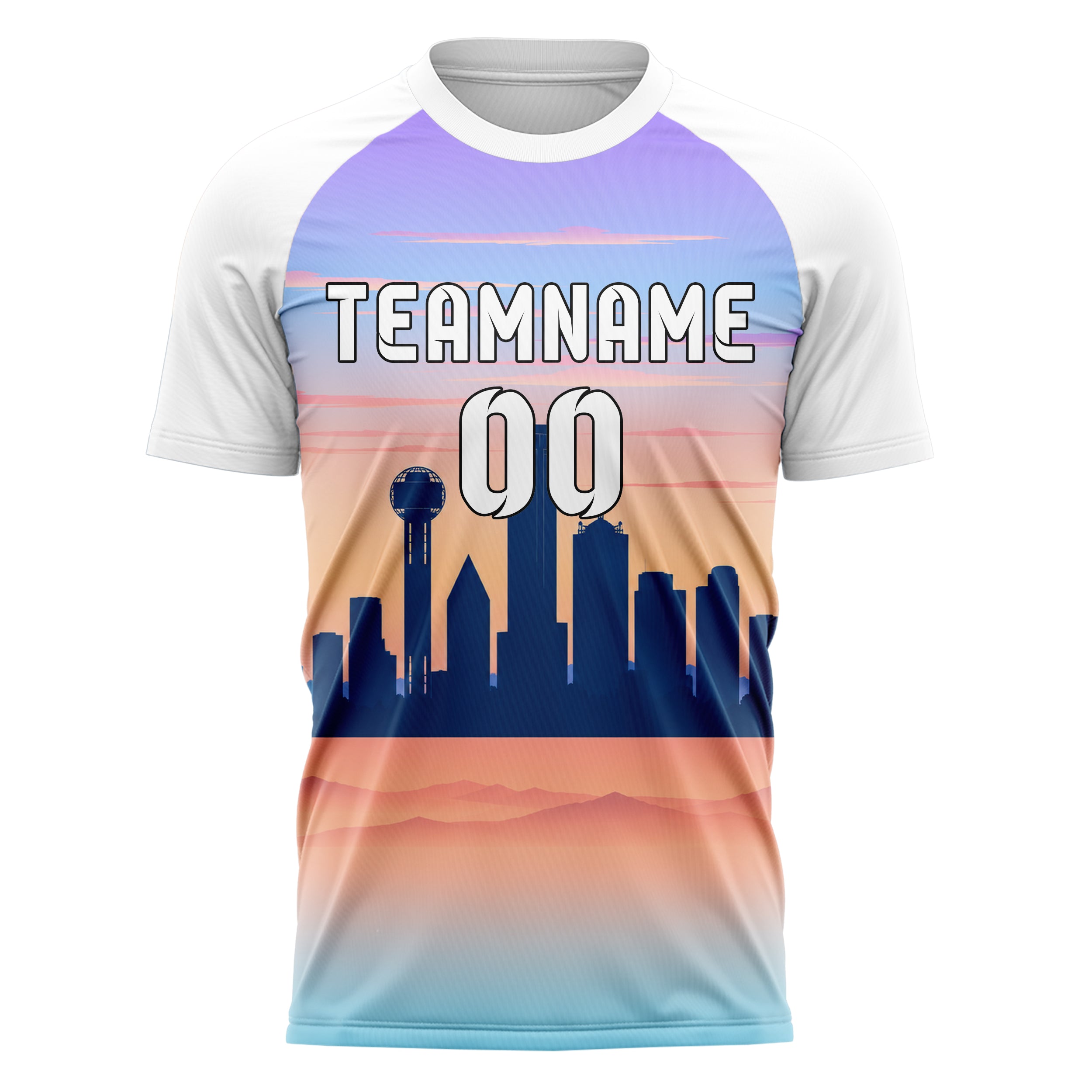 Hellblau Dallas Skyline Design 15-0104 individuelles Fußballtrikot front
