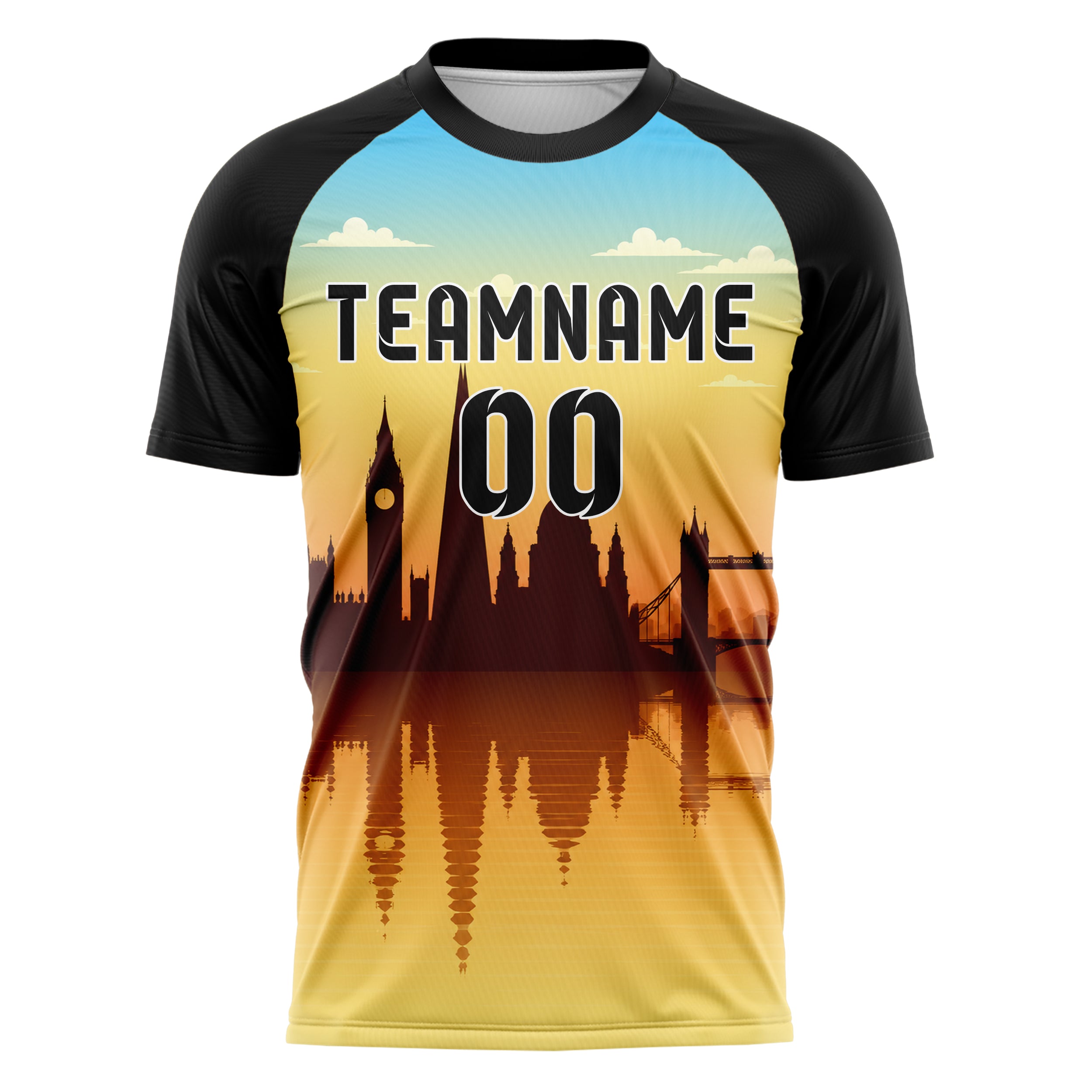 Gelb London Skyline Design 15-0125 individuelles Fußballtrikot front