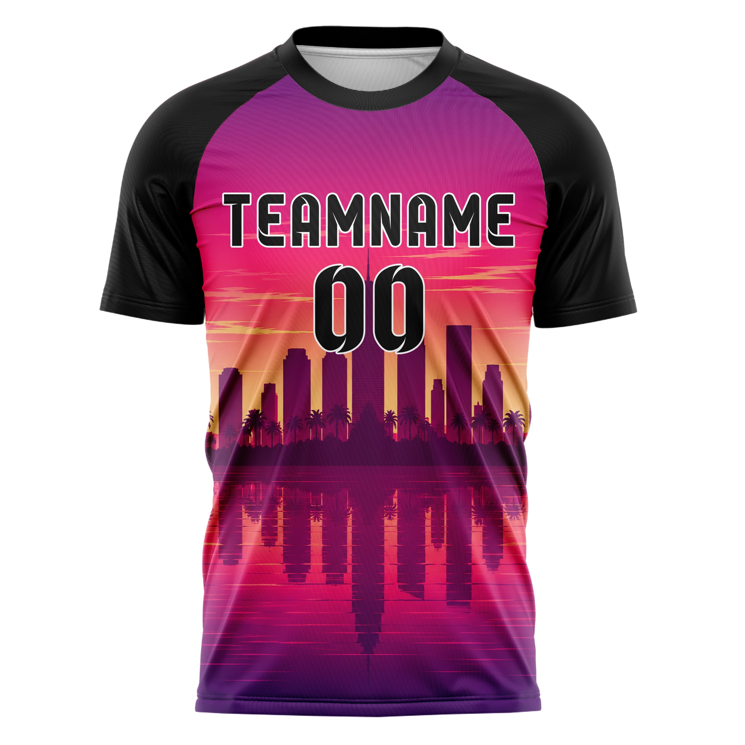 Hot Pink Miami Skyline Design 15-0031 individuelles Fußballtrikot front