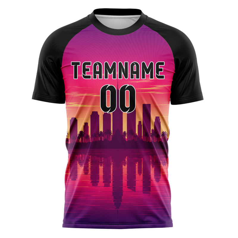 Hot Pink Miami Skyline Design 15-0031 individuelles Fußballtrikot front