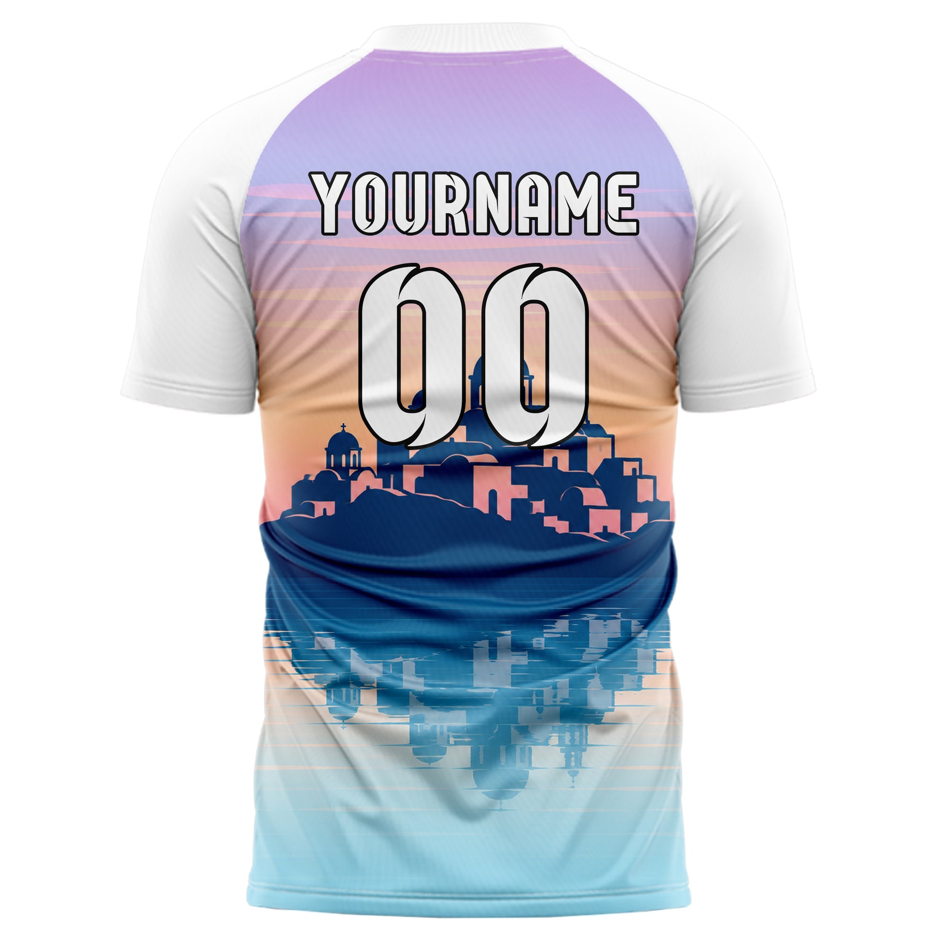 Hellblau Santorini Skyline Design 15-0444 individuelles Fußballtrikot back