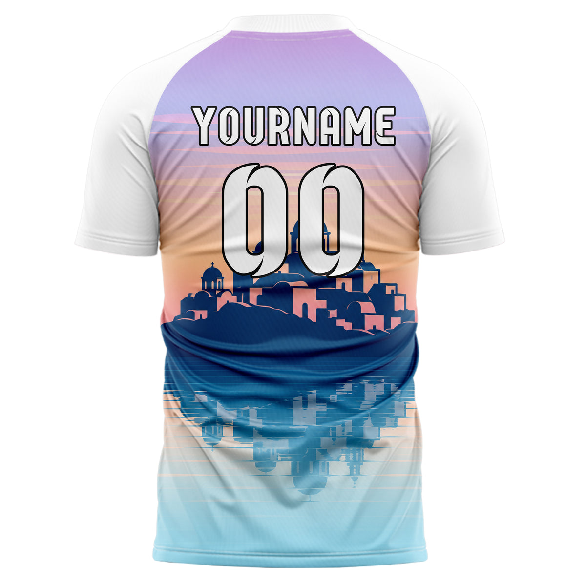 Hellblau Santorini Skyline Design 15-0444 individuelles Fußballtrikot back