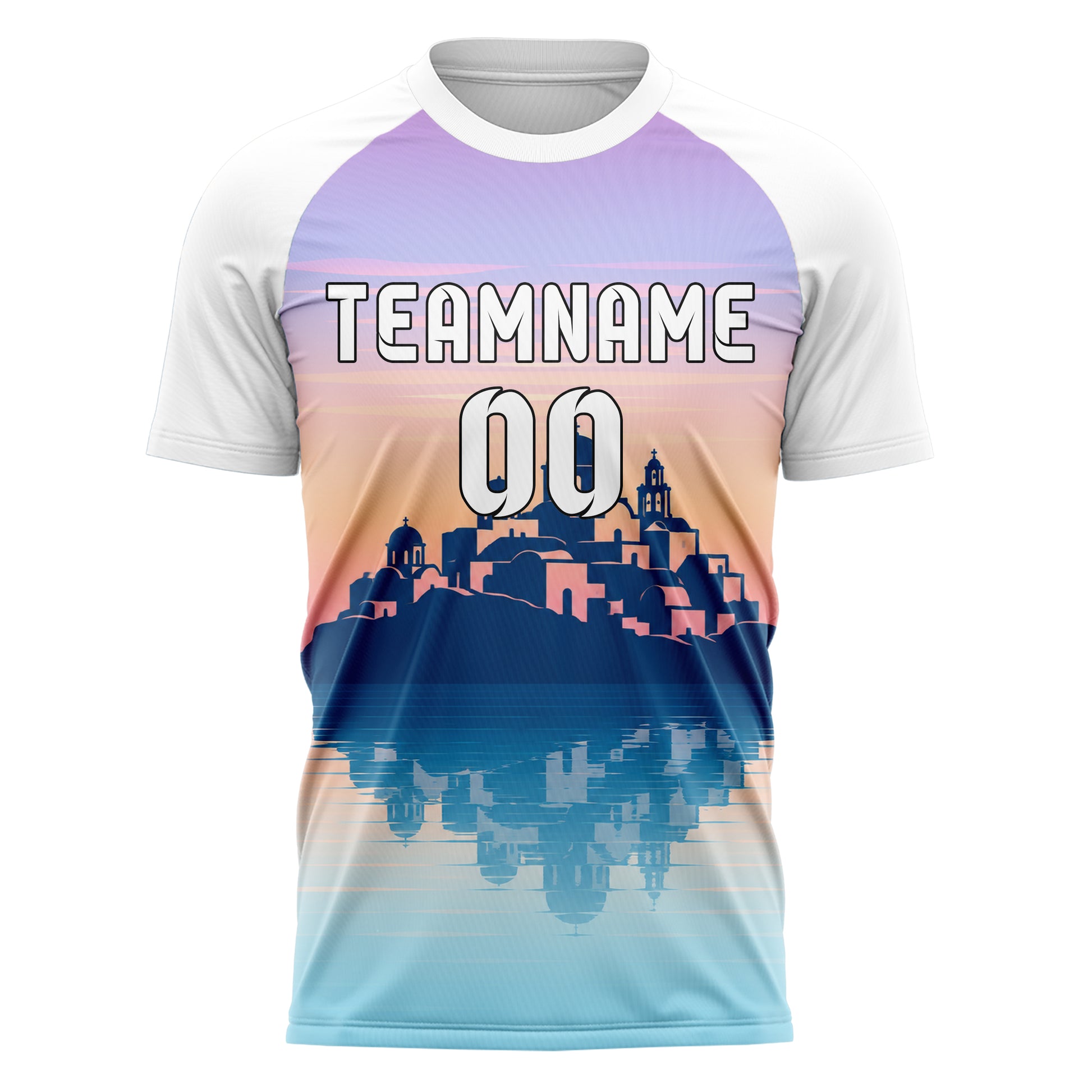 Hellblau Santorini Skyline Design 15-0444 individuelles Fußballtrikot front