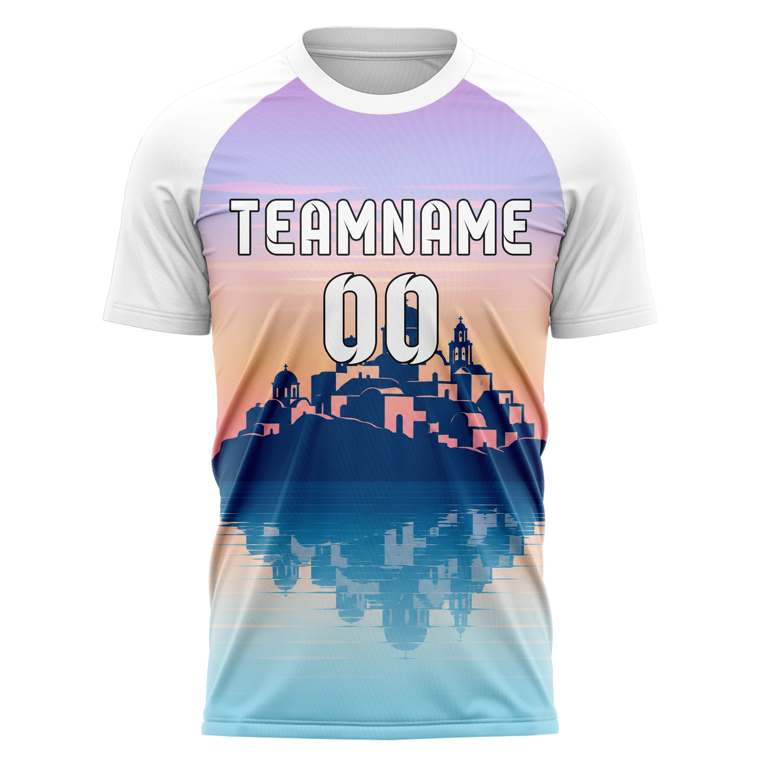 Hellblau Santorini Skyline Design 15-0444 individuelles Fußballtrikot front