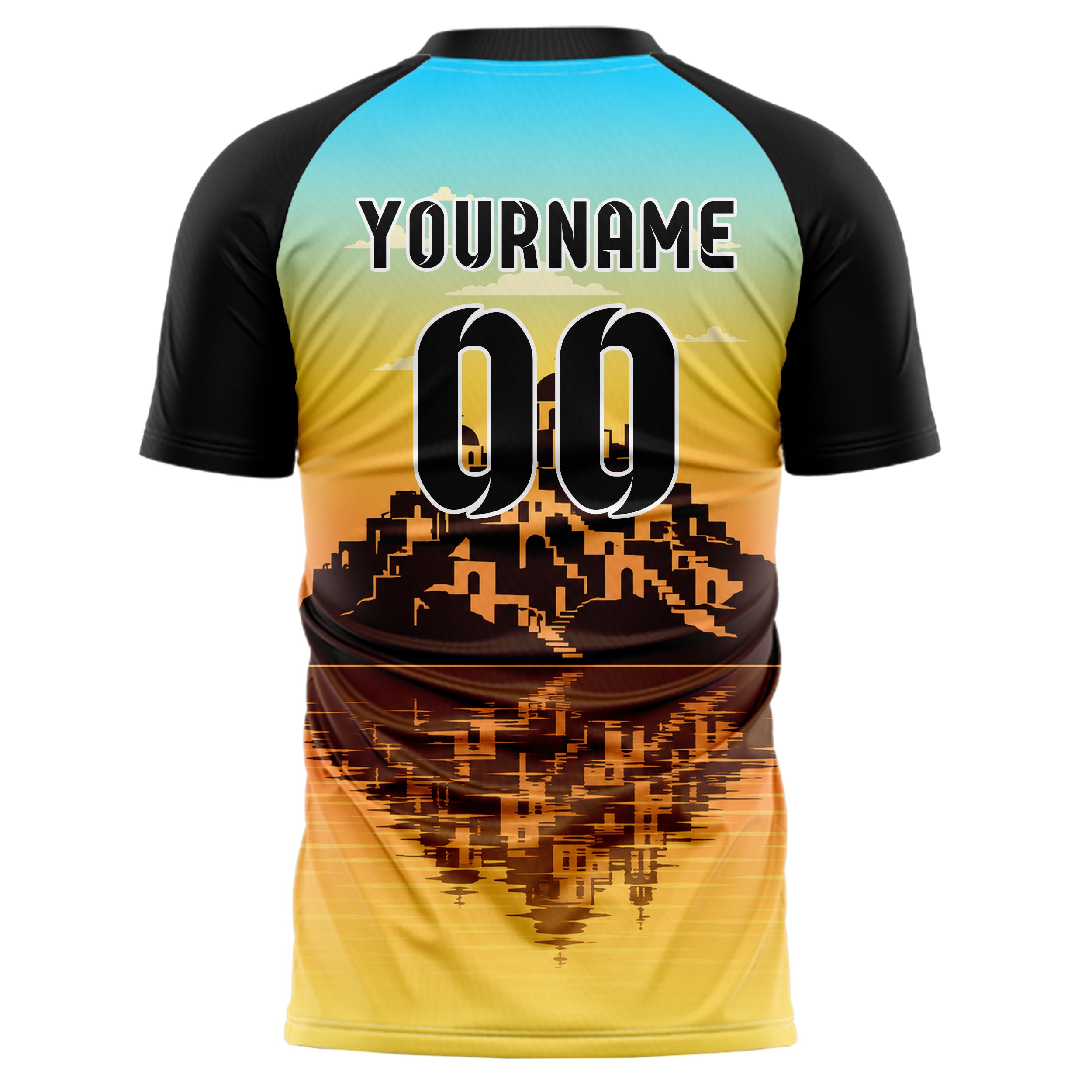 Gelb Santorini Skyline Design 15-0445 individuelles Fußballtrikot back