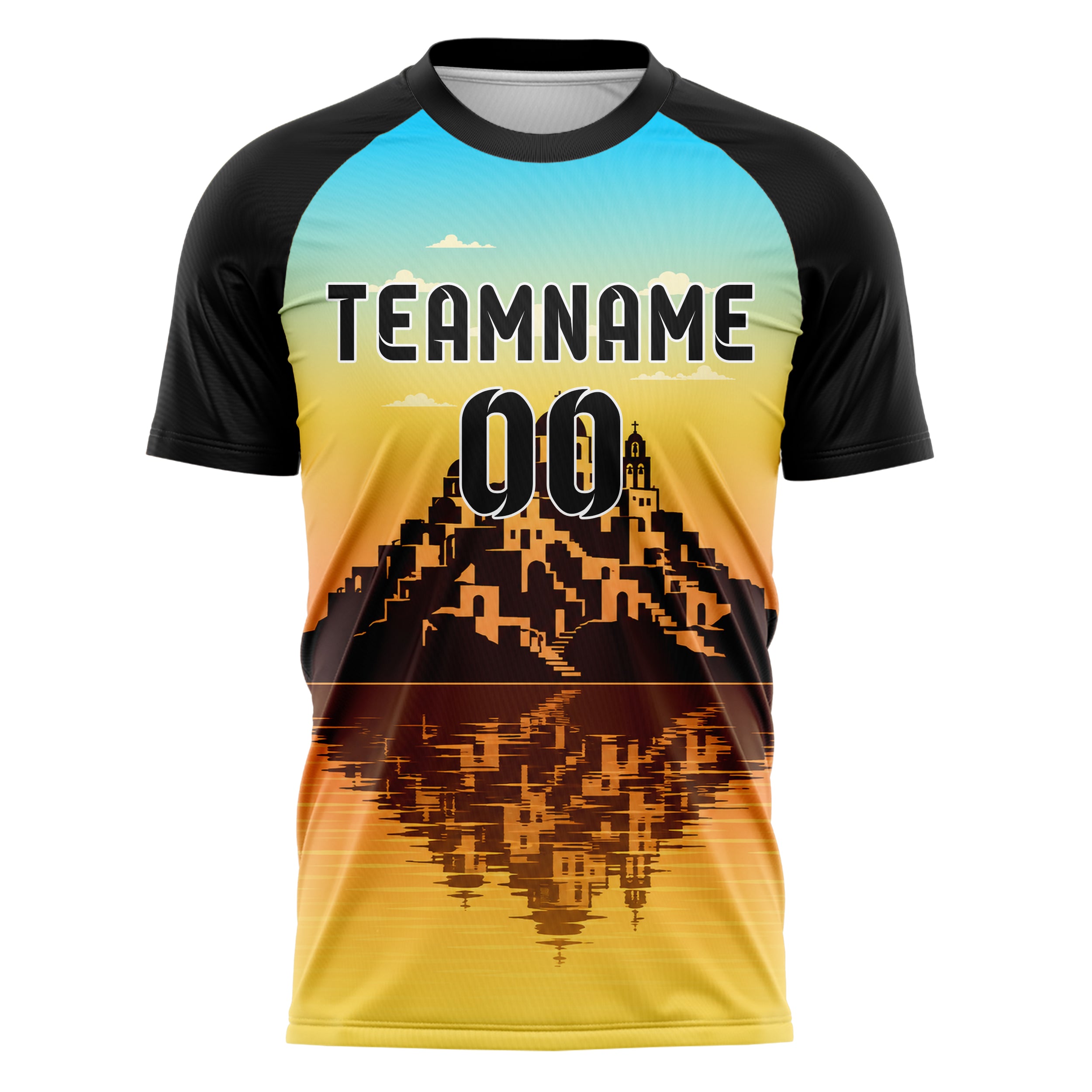 Gelb Santorini Skyline Design 15-0445 individuelles Fußballtrikot front