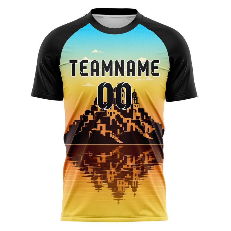 Gelb Santorini Skyline Design 15-0445 individuelles Fußballtrikot front