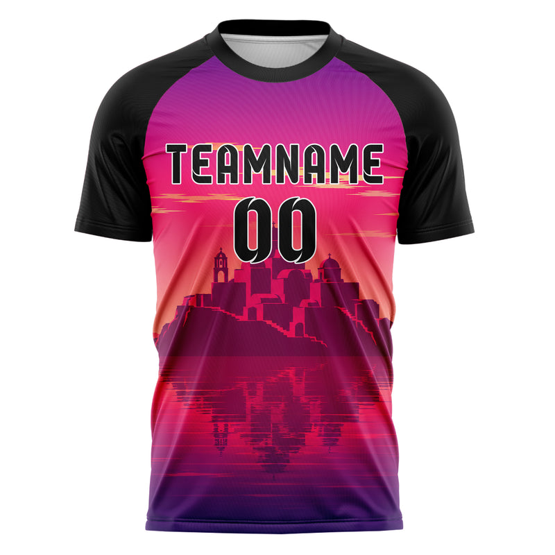 Hot Pink Santorini Skyline Design 15-0441 individuelles Fußballtrikot front