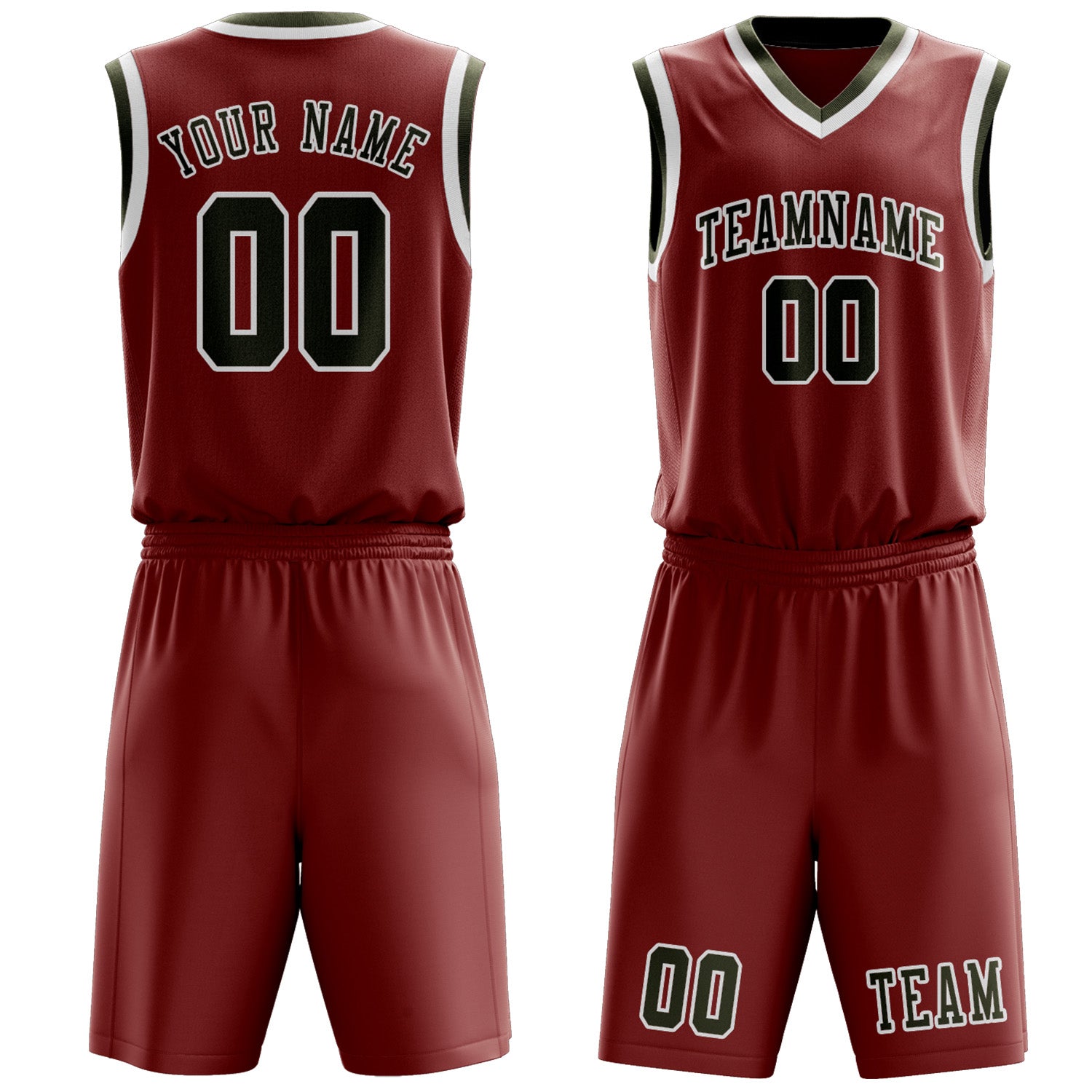 Benutzerdefiniertes Professionelles Korallenrot Dunkles Oliv Basketballtrikot-Set