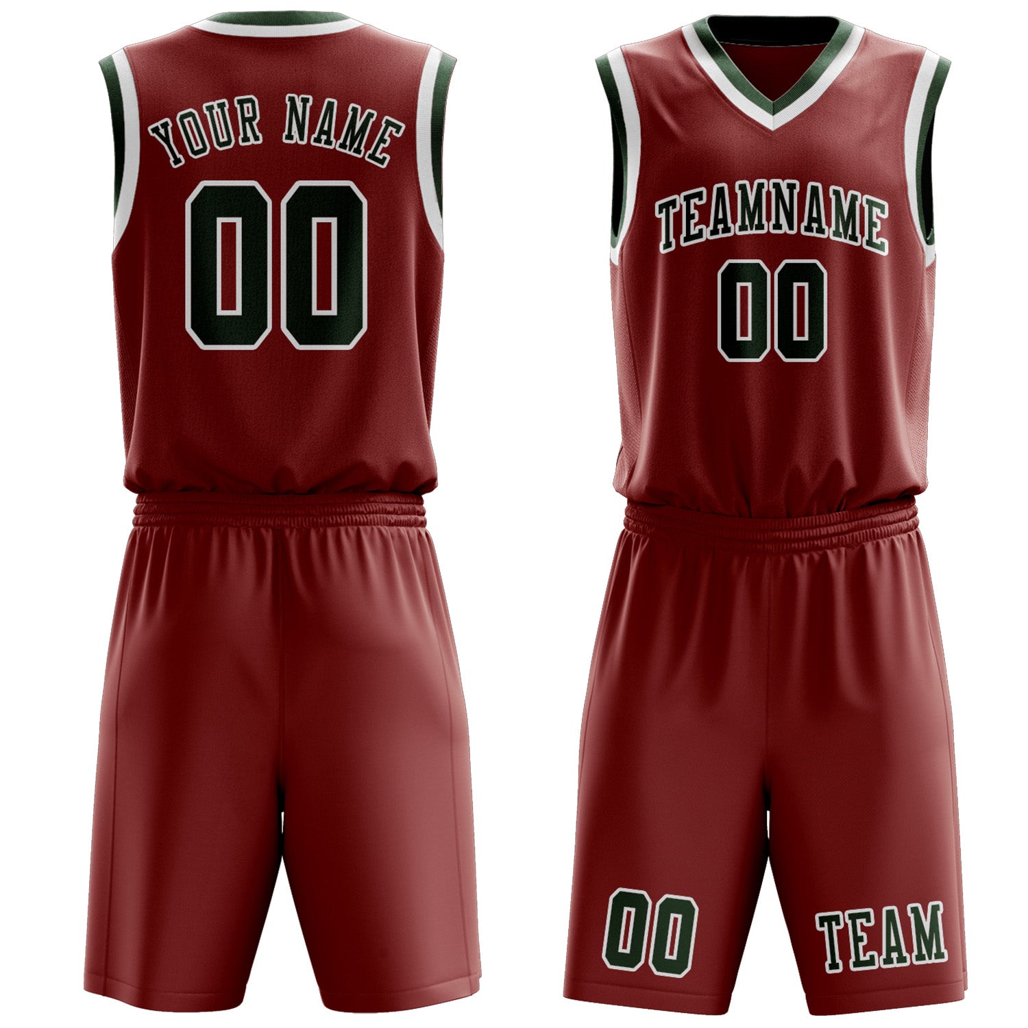Benutzerdefiniertes Professionelles Korallenrot Tannengrün Basketballtrikot-Set