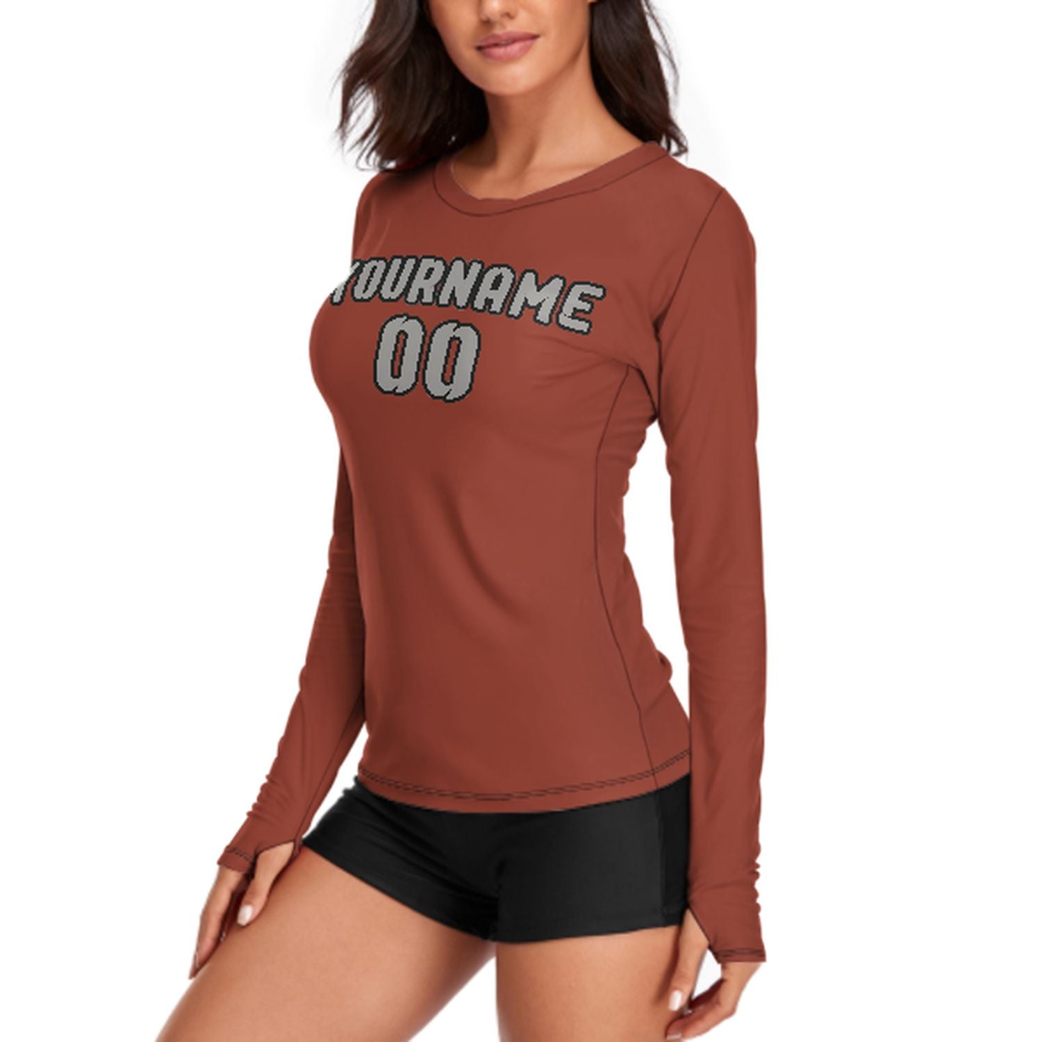 Maßgeschneidertes Korallenrot Grau Damen Langarmshirt