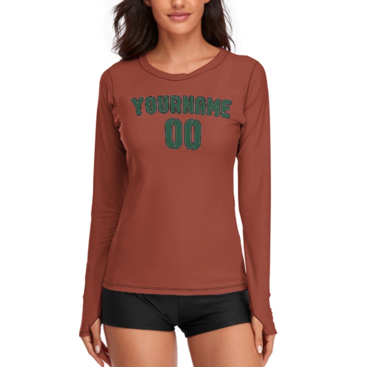 Maßgeschneidertes Korallenrot Moosgrün Damen Langarmshirt