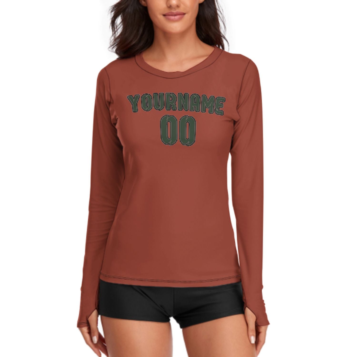 Maßgeschneidertes Korallenrot Tannengrün Damen Langarmshirt