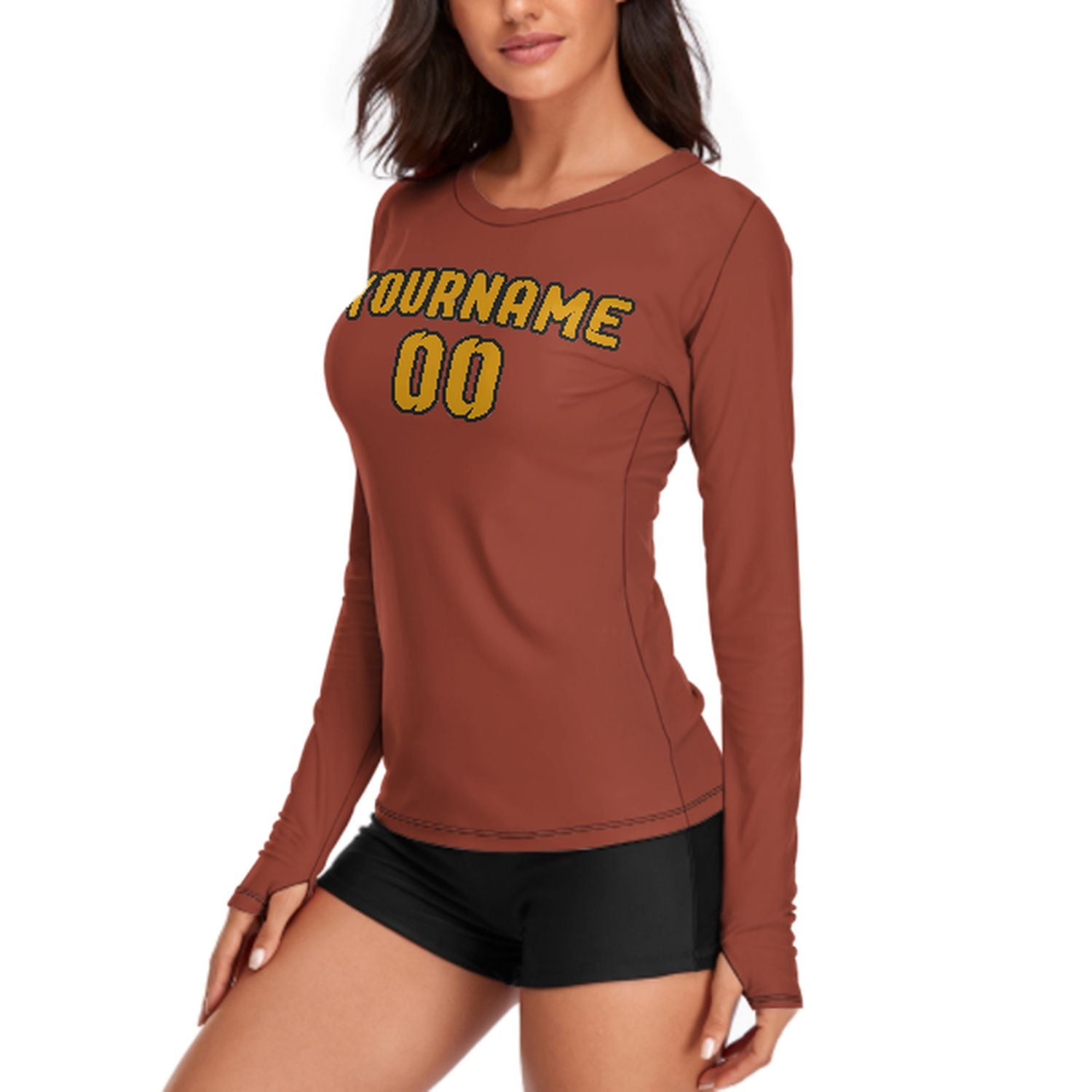 Maßgeschneidertes Korallenrot Gelb Damen Langarmshirt