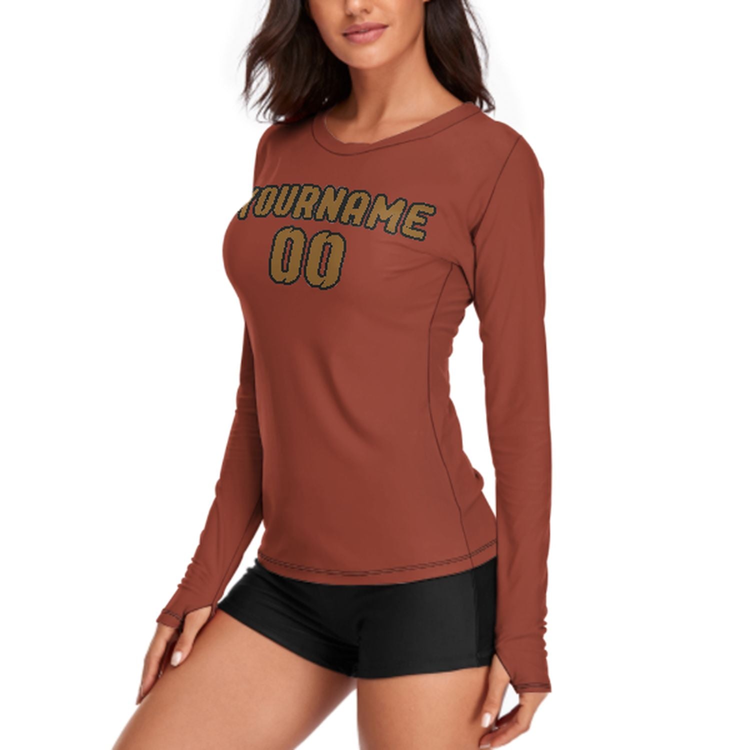 Maßgeschneidertes Korallenrot Khaki Damen Langarmshirt