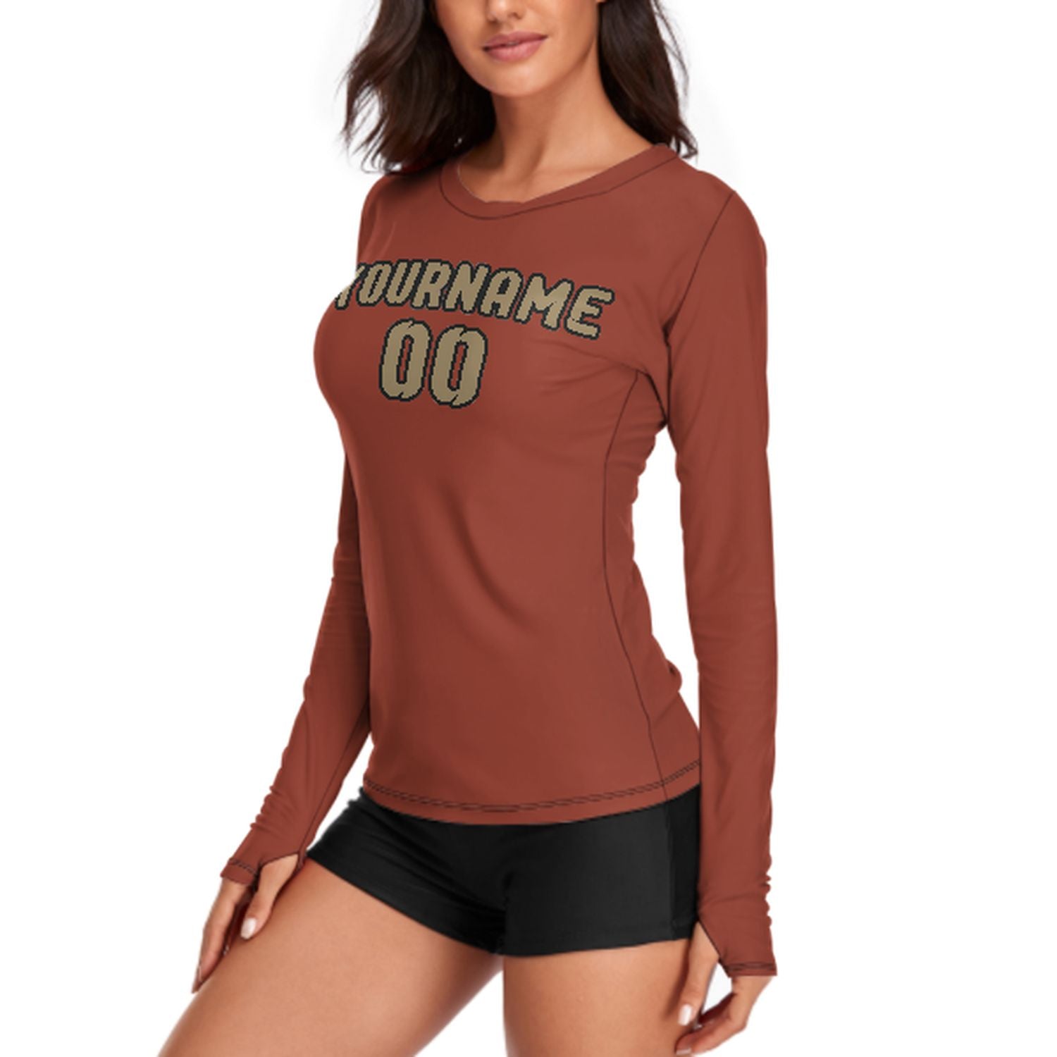 Maßgeschneidertes Korallenrot Hellkhaki Damen Langarmshirt