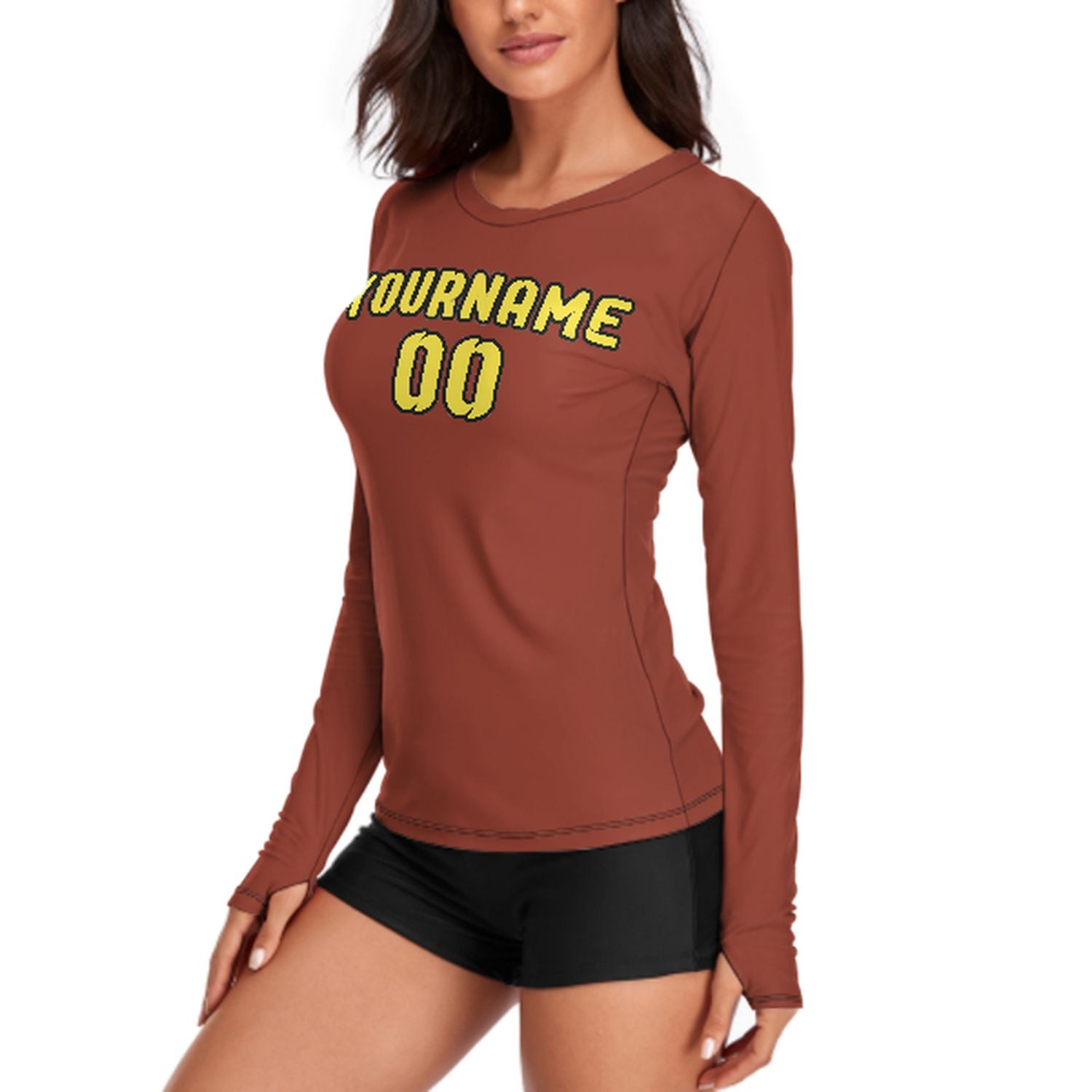 Maßgeschneidertes Korallenrot Blassgelb Damen Langarmshirt