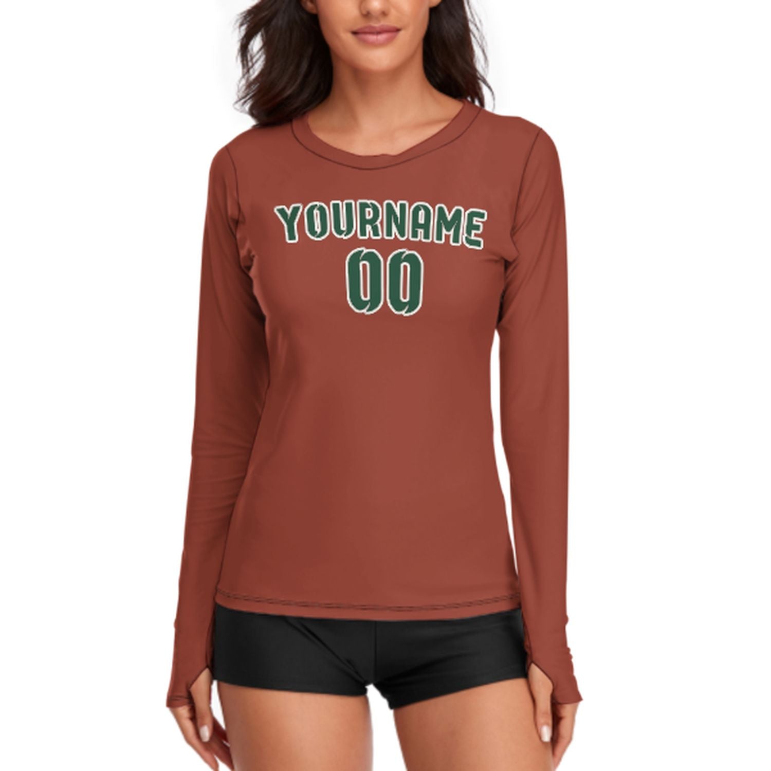 Maßgeschneidertes Korallenrot Moosgrün Damen Langarmshirt