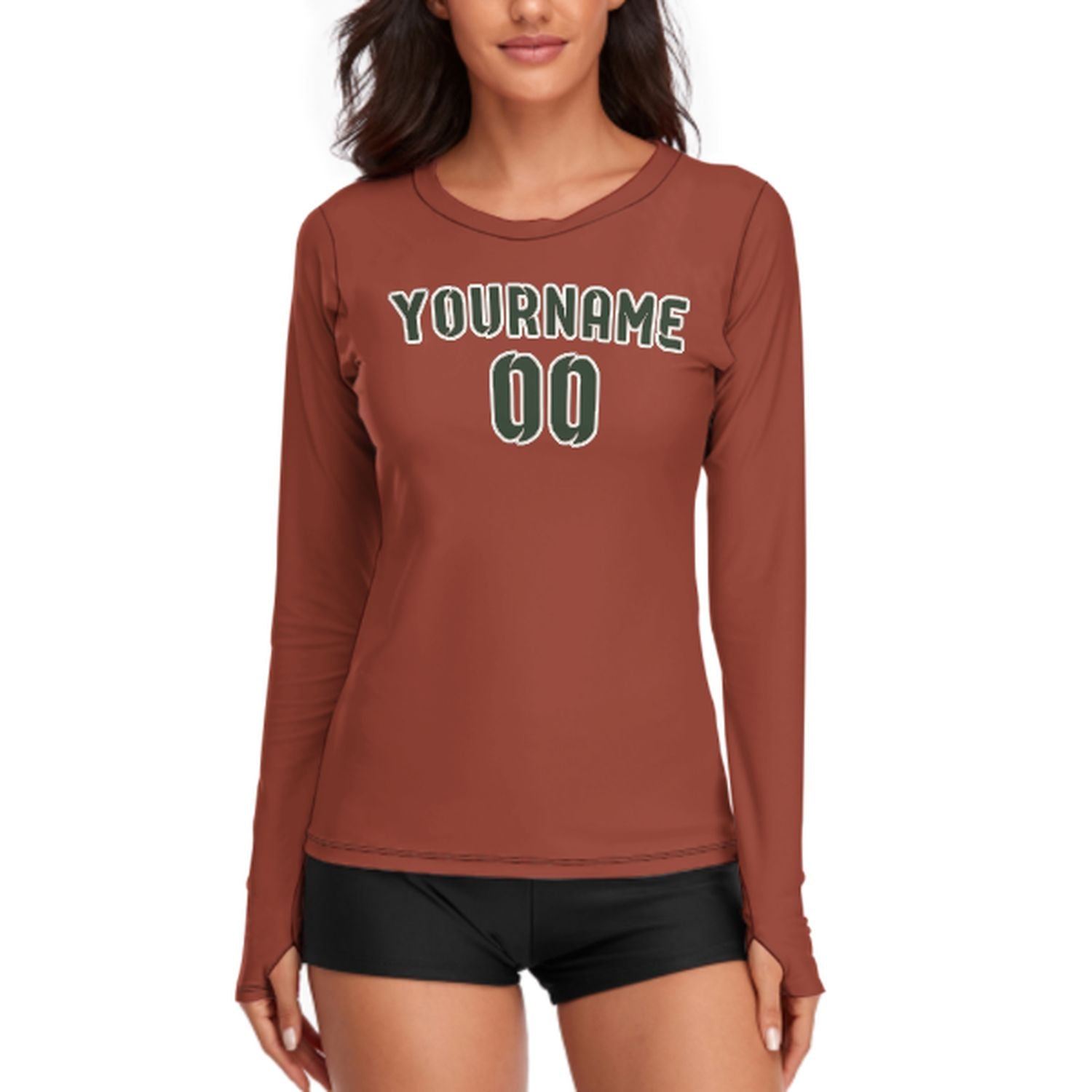 Maßgeschneidertes Korallenrot Tannengrün Damen Langarmshirt