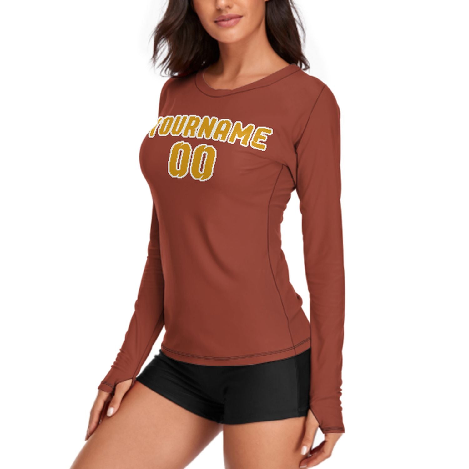 Maßgeschneidertes Korallenrot Gelb Damen Langarmshirt
