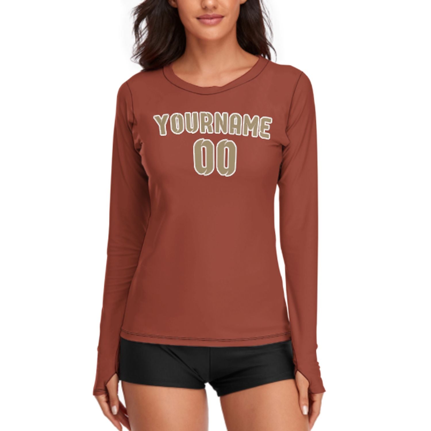 Maßgeschneidertes Korallenrot Hellkhaki Damen Langarmshirt