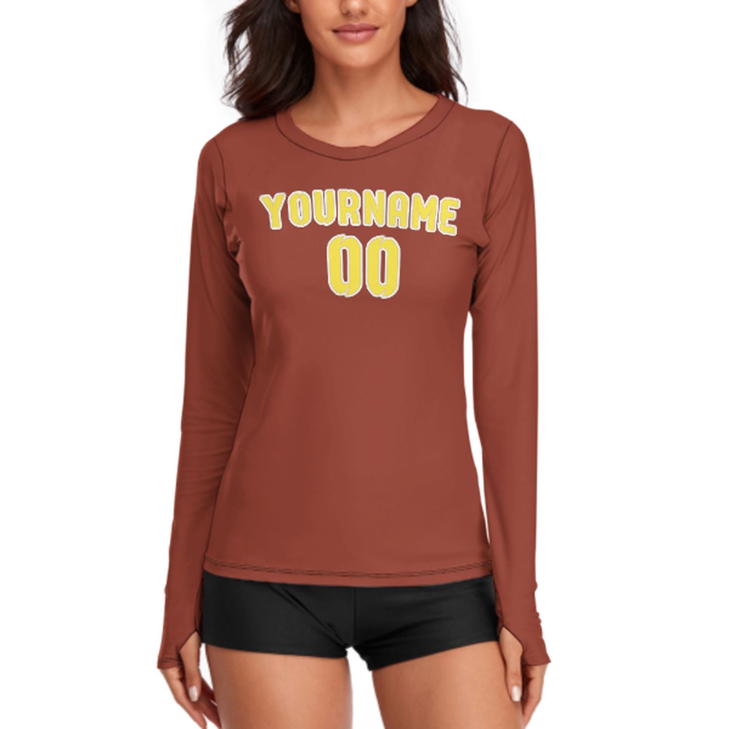 Maßgeschneidertes Korallenrot Blassgelb Damen Langarmshirt