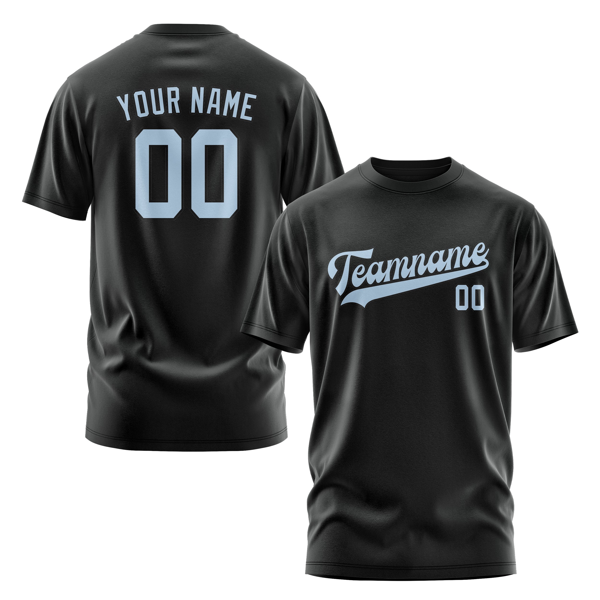 Maßgeschneidertes Schwarz Hellblau T-Shirt