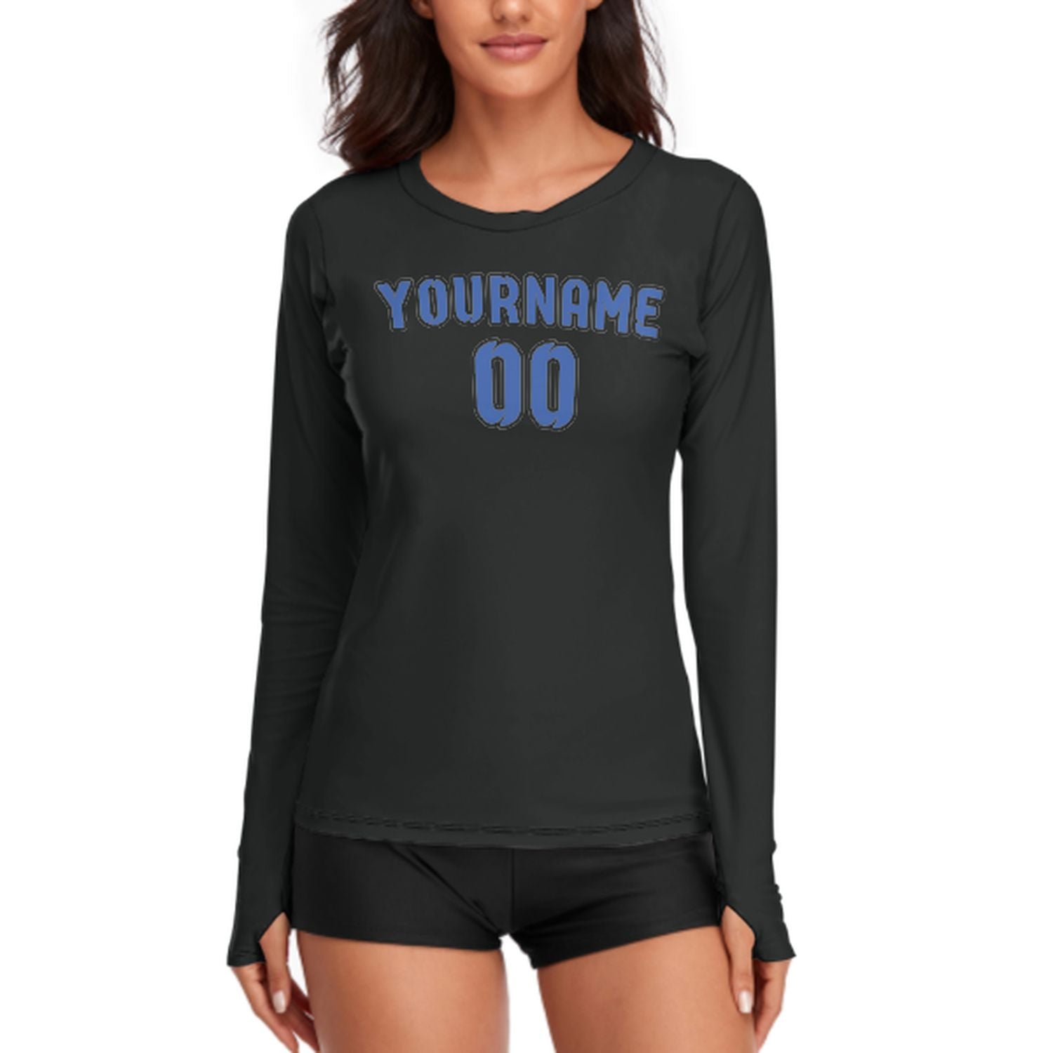 Maßgeschneidertes Schwarz Himmelblau Damen Langarmshirt