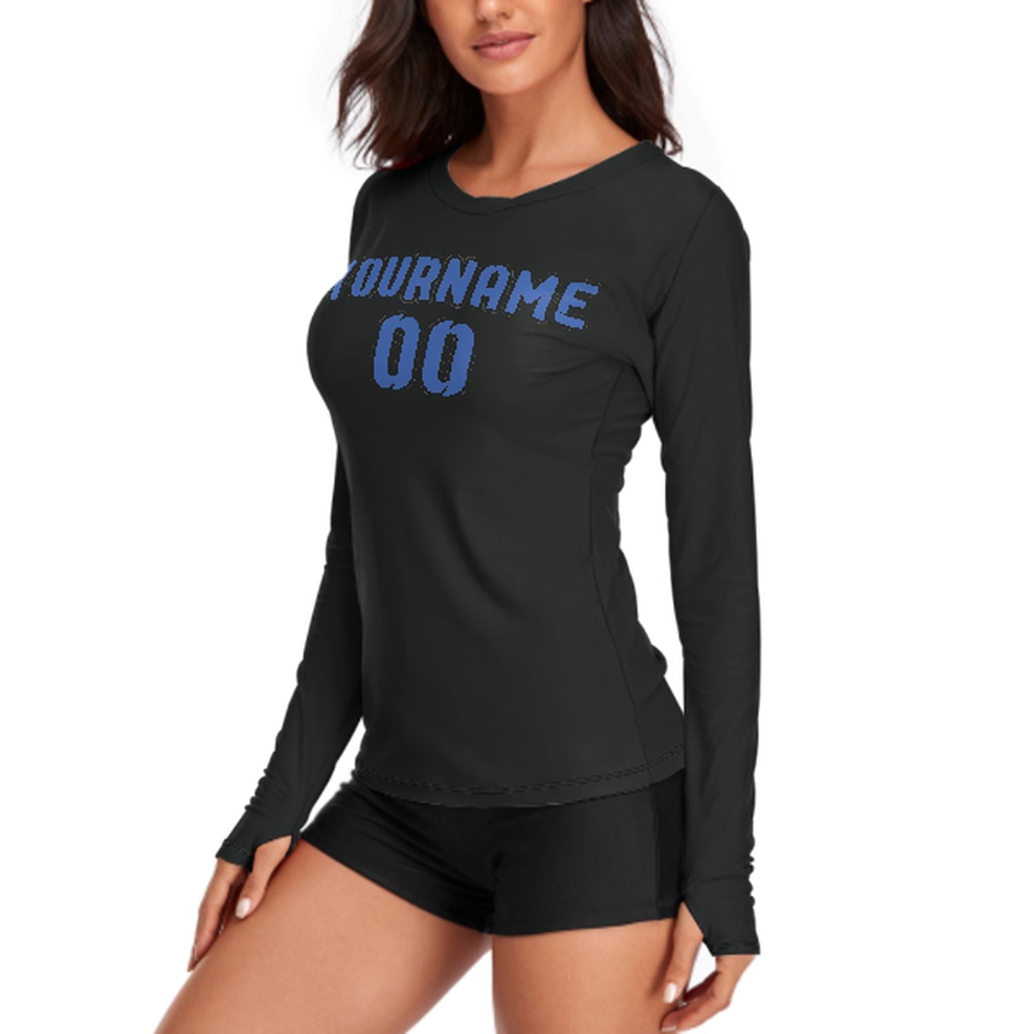 Maßgeschneidertes Schwarz Himmelblau Damen Langarmshirt