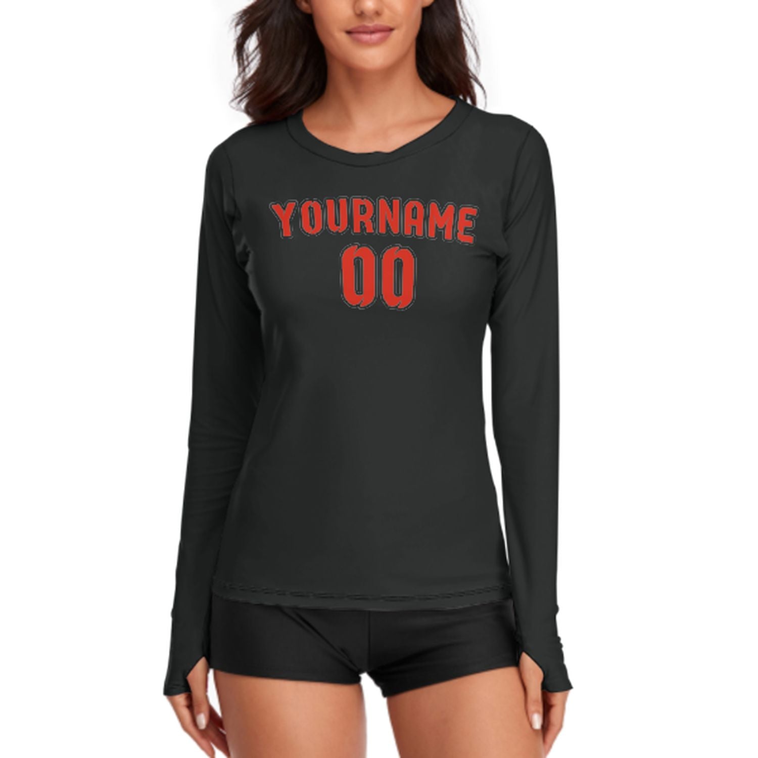 Maßgeschneidertes Schwarz Orangerot Damen Langarmshirt
