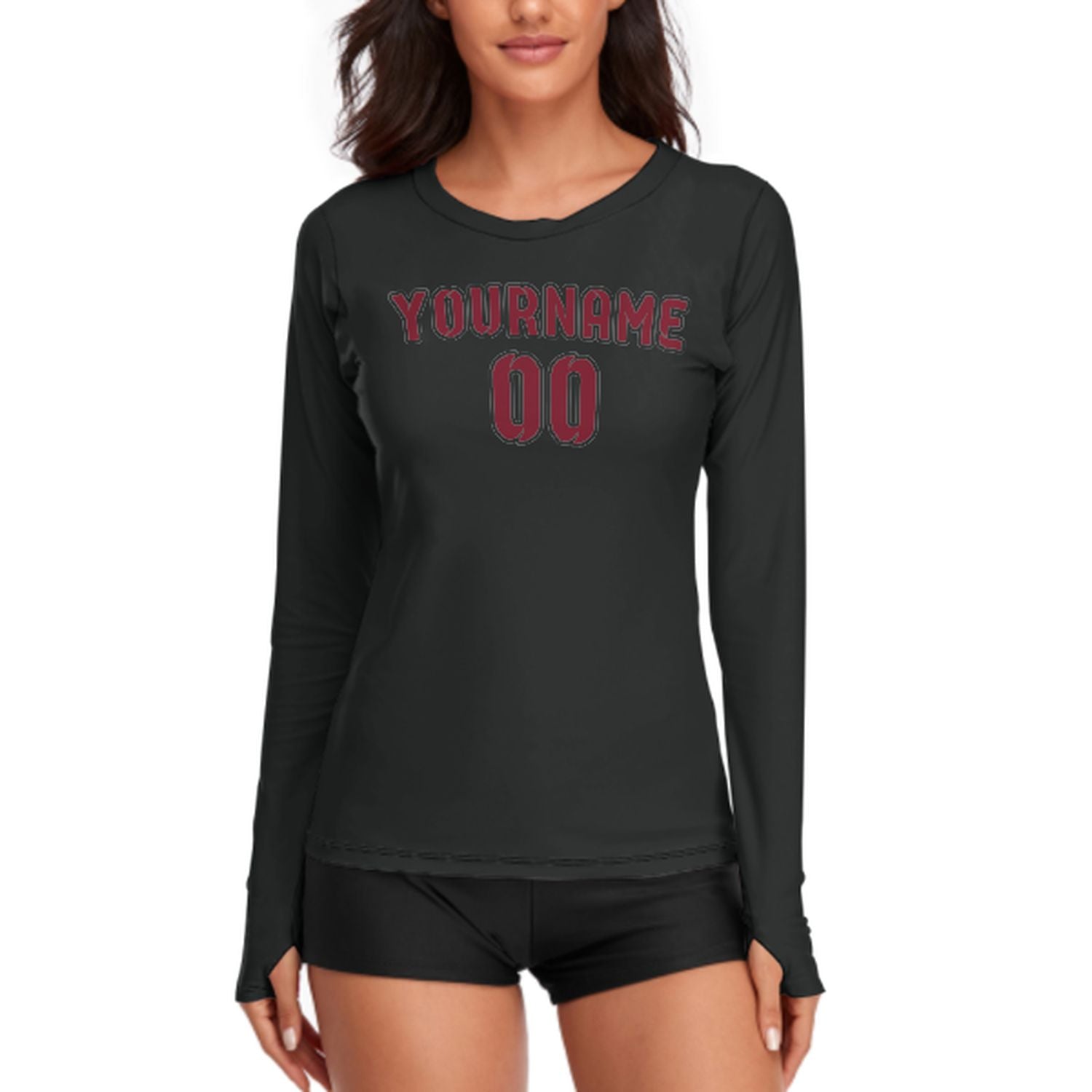Maßgeschneidertes Schwarz Karmesinrot Damen Langarmshirt