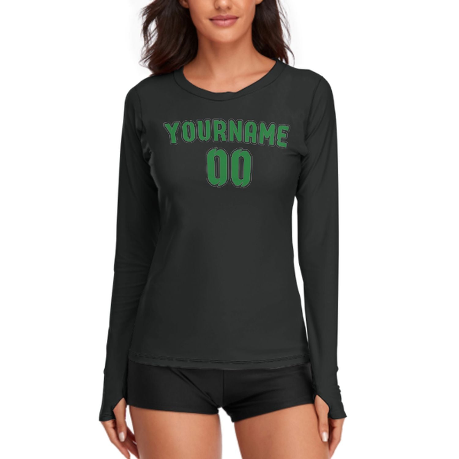 Maßgeschneidertes Schwarz Smaragdgrün Damen Langarmshirt